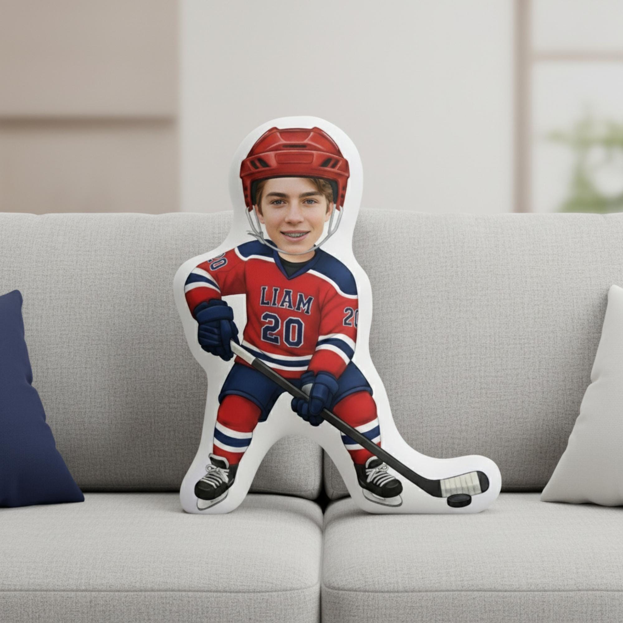 Custom Photo Hockey Plush Pillow – Personalized Sports Player Pillow image 1