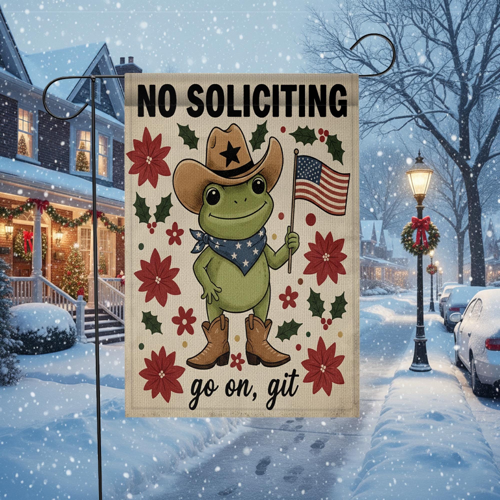 No Soliciting – Go On, Git Cowboy Frog Garden Flag  – Patriotic Christmas Frog Yard Banner image 1