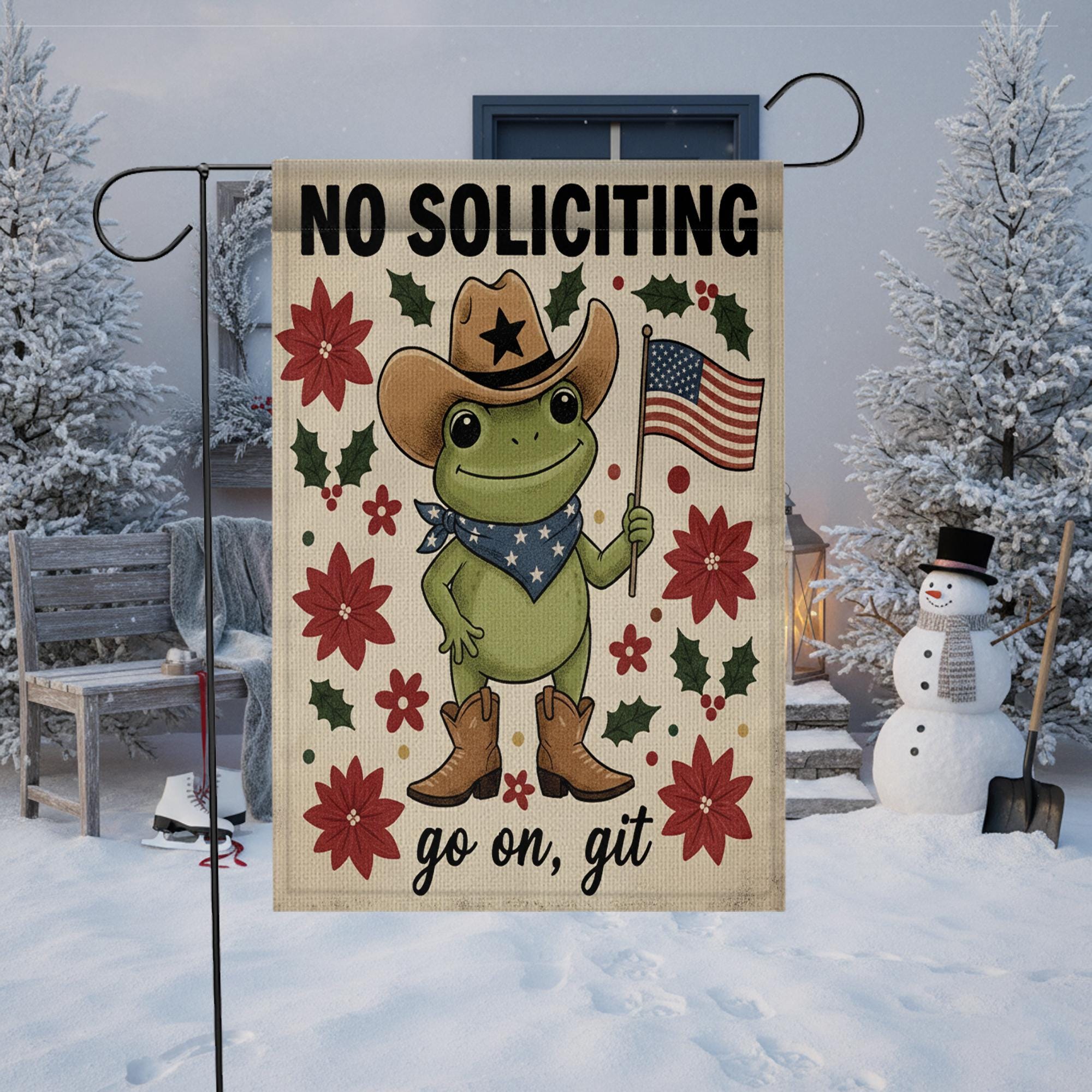 No Soliciting – Go On, Git Cowboy Frog Garden Flag  – Patriotic Christmas Frog Yard Banner image 2