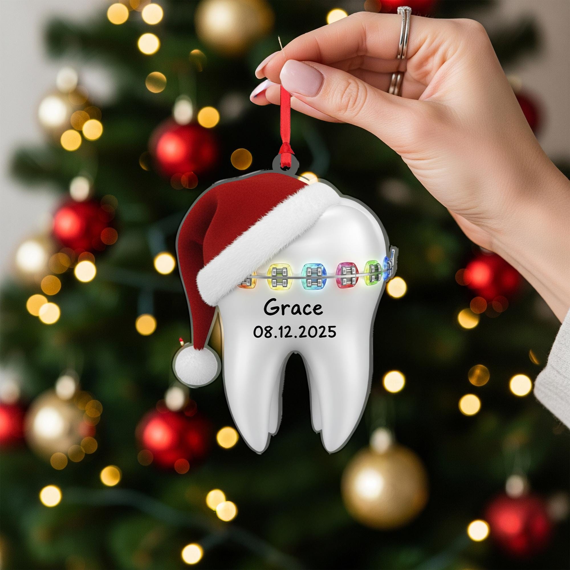 Personalized Tooth Ornament – Custom Name Dental Christmas Decoration, Braces Design, Holiday Keepsake image 2