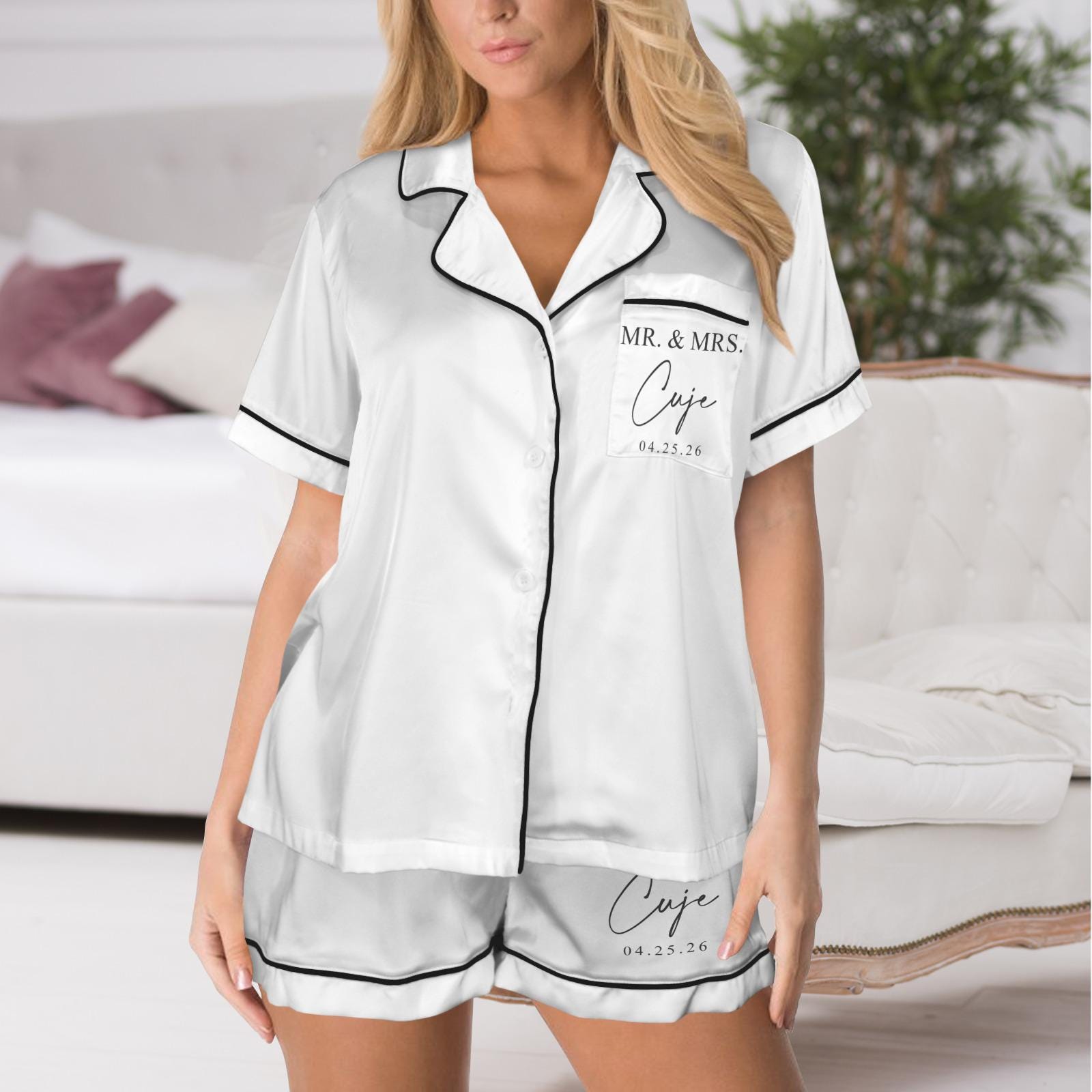 Personalized Satin Pajama Set Bridal: Custom Mr & Mrs Wedding Gift image 2