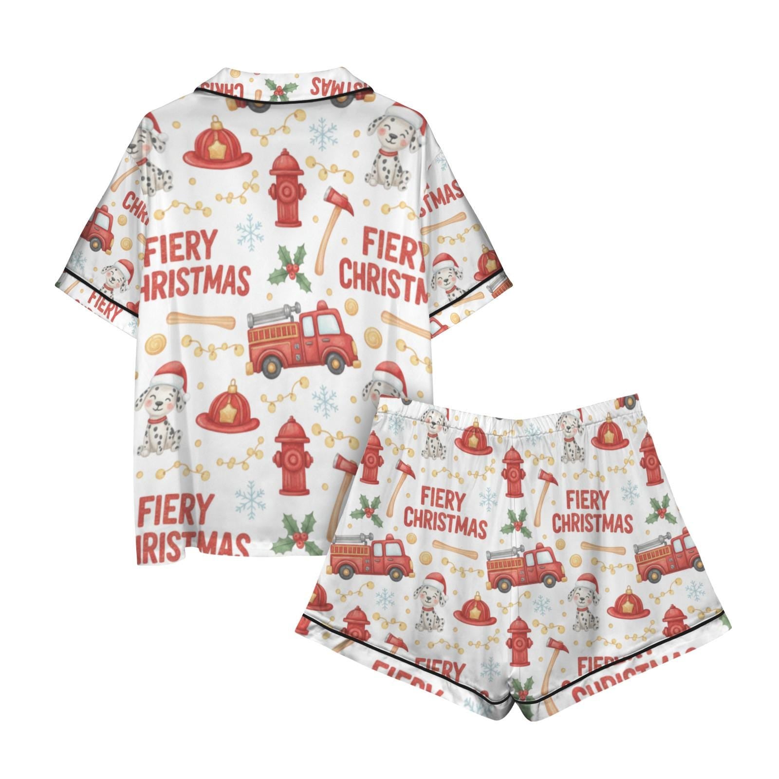 Satin Pajama Set Firefighter Christmas Print: Women's Dalmatian Fire Truck PJs Gift image 5