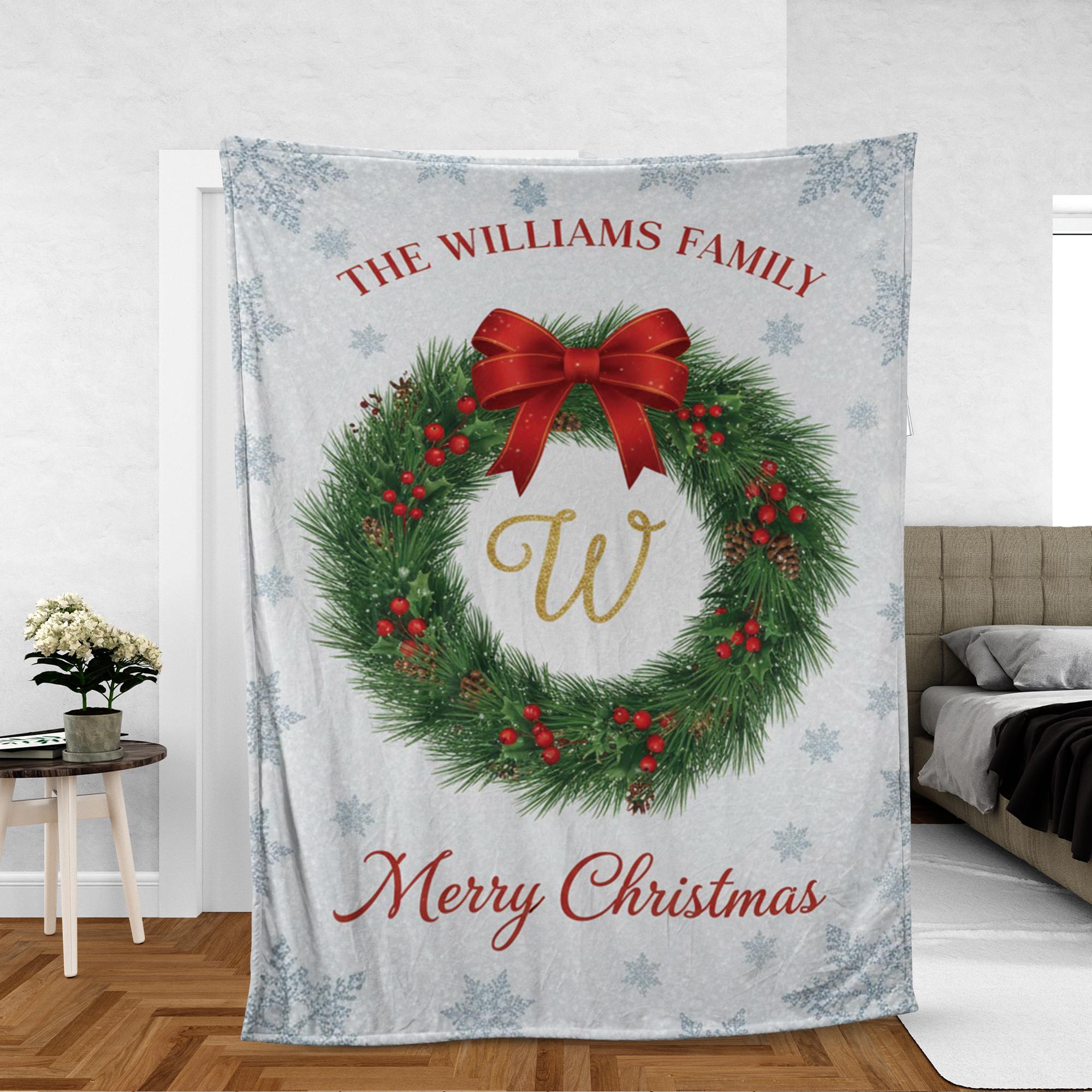 Personalized Fleece Blanket: Family Name Wreath Design, Christmas Theme, Decorative Throw image 1