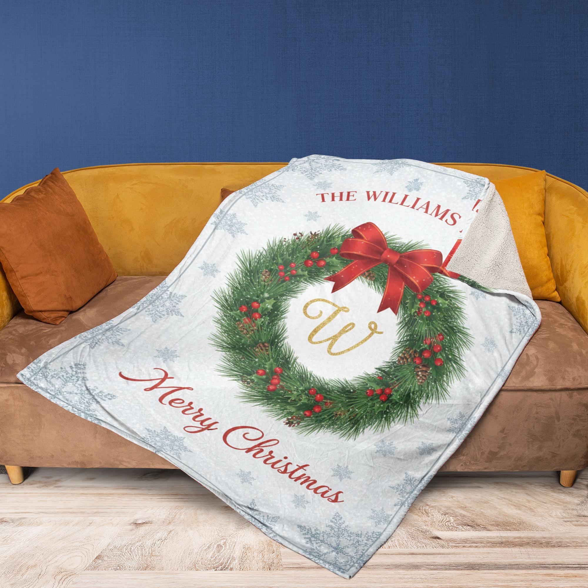 Personalized Fleece Blanket: Family Name Wreath Design, Christmas Theme, Decorative Throw image 2
