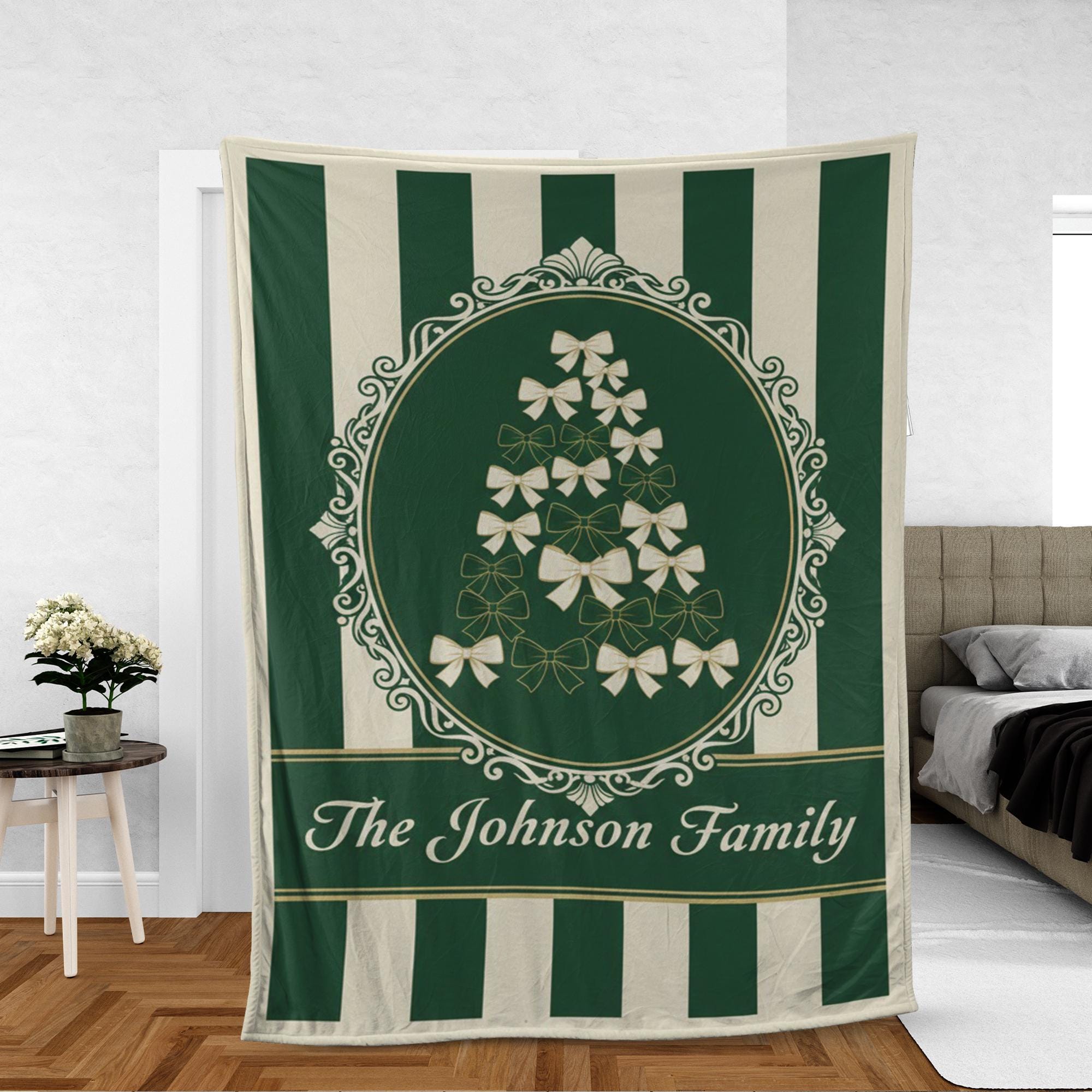 Personalized Fleece Blanket: Family Name Tree Design, Bow Christmas Tree, Holiday Decor image 1