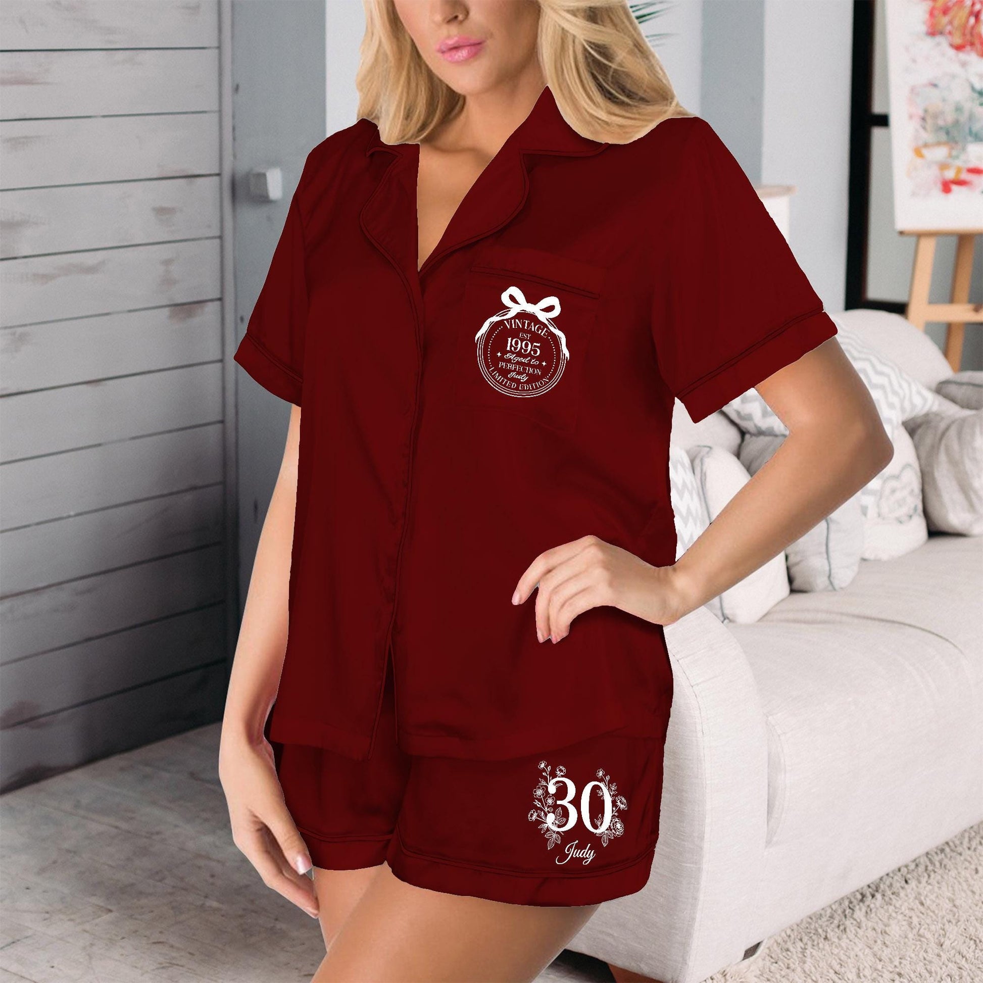 Personalized Satin Pajama Set Custom Photo Print: Vintage 30th Birthday Gift PJs image 2