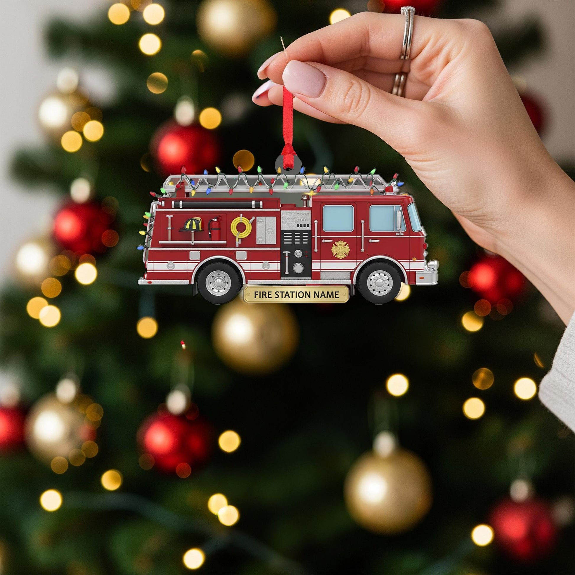 Personalized Fire Truck Ornament - Firefighter Gift, Custom Fire Station Name image 1