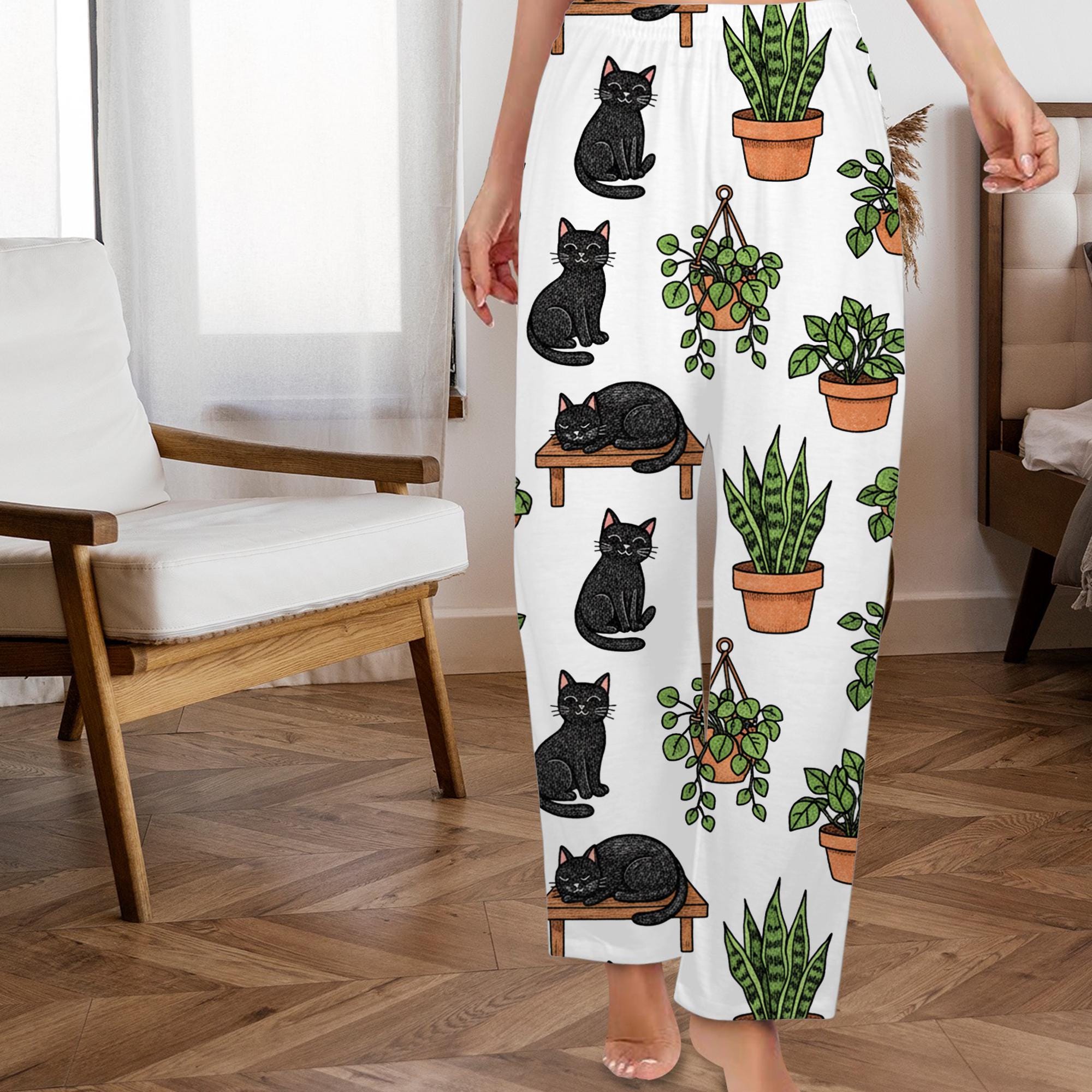 Plants Pajama Pants – Black Cat Botanical Print Lounge Pants For Sleepwear image 2
