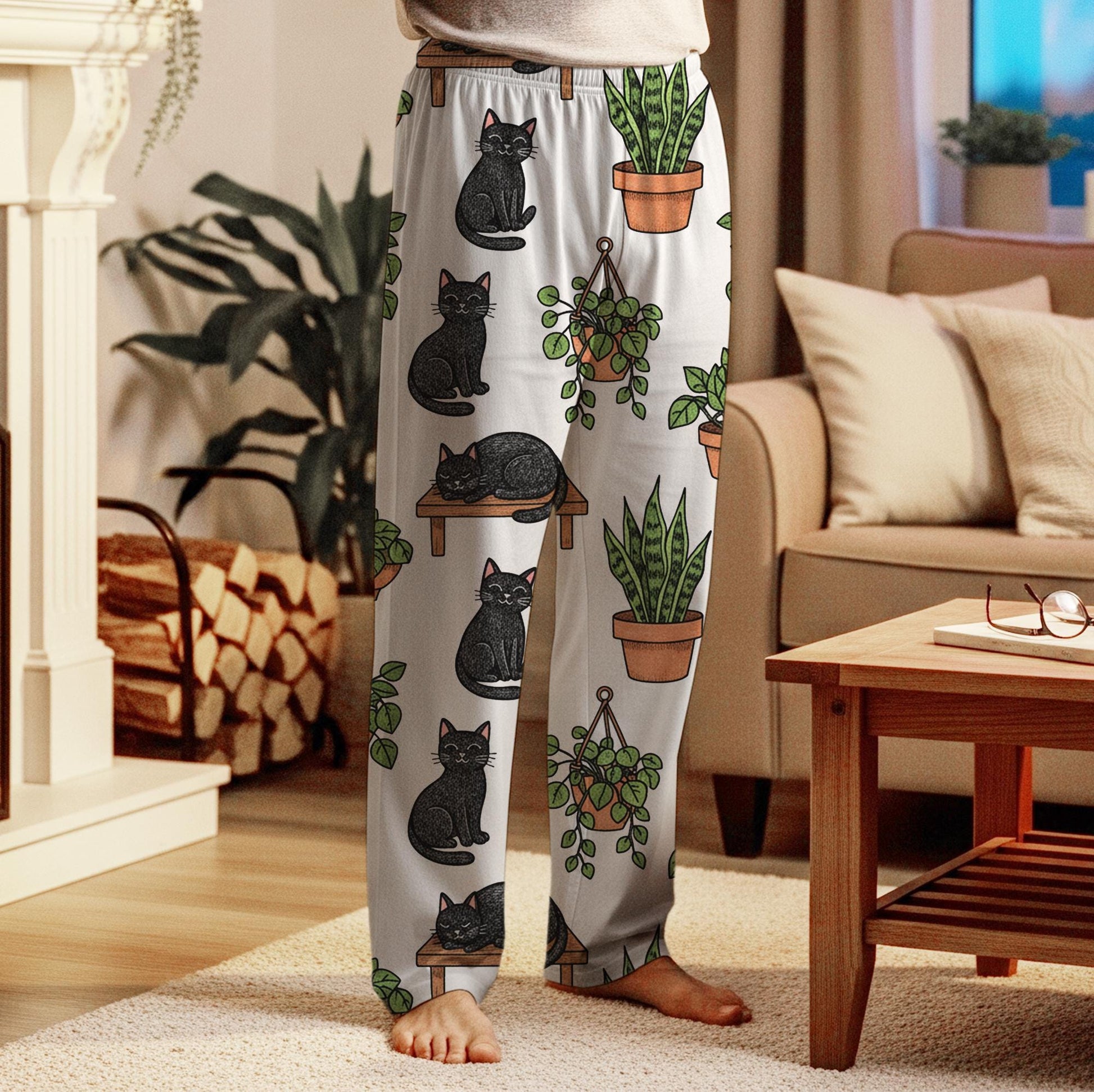 Plants Pajama Pants – Black Cat Botanical Print Lounge Pants For Sleepwear image 5