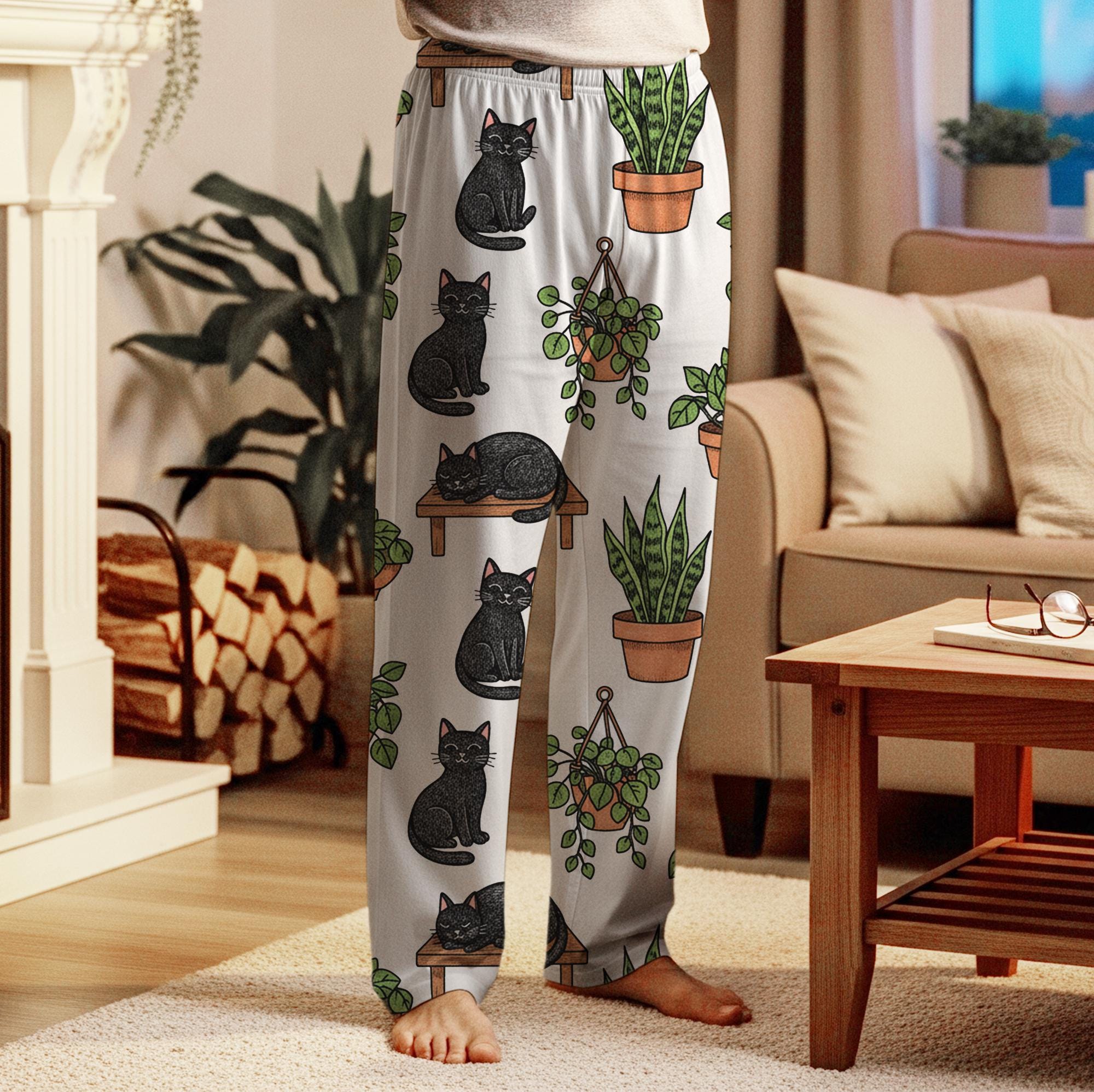 Plants Pajama Pants – Black Cat Botanical Print Lounge Pants For Sleepwear image 5