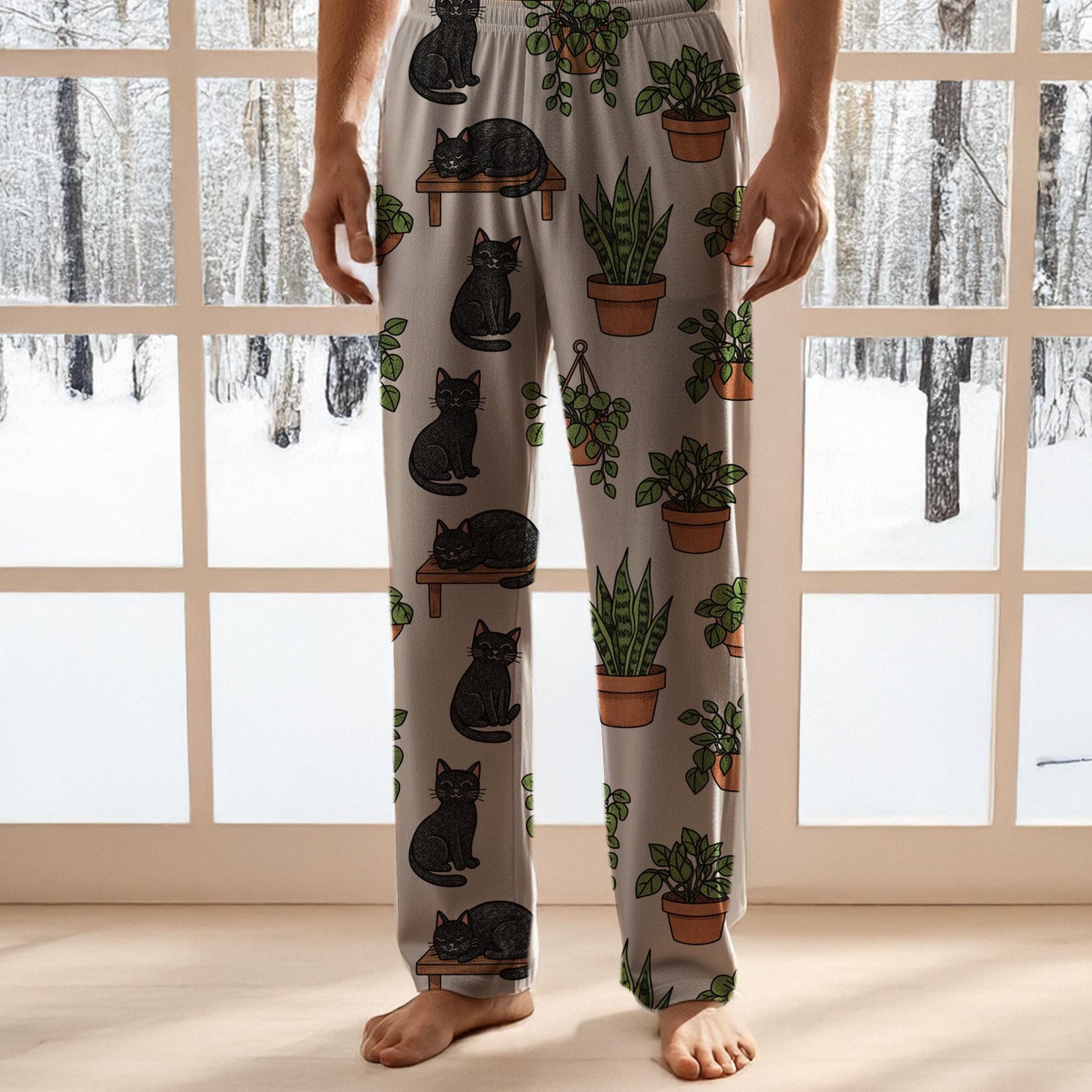 Plants Pajama Pants – Black Cat Botanical Print Lounge Pants For Sleepwear image 7