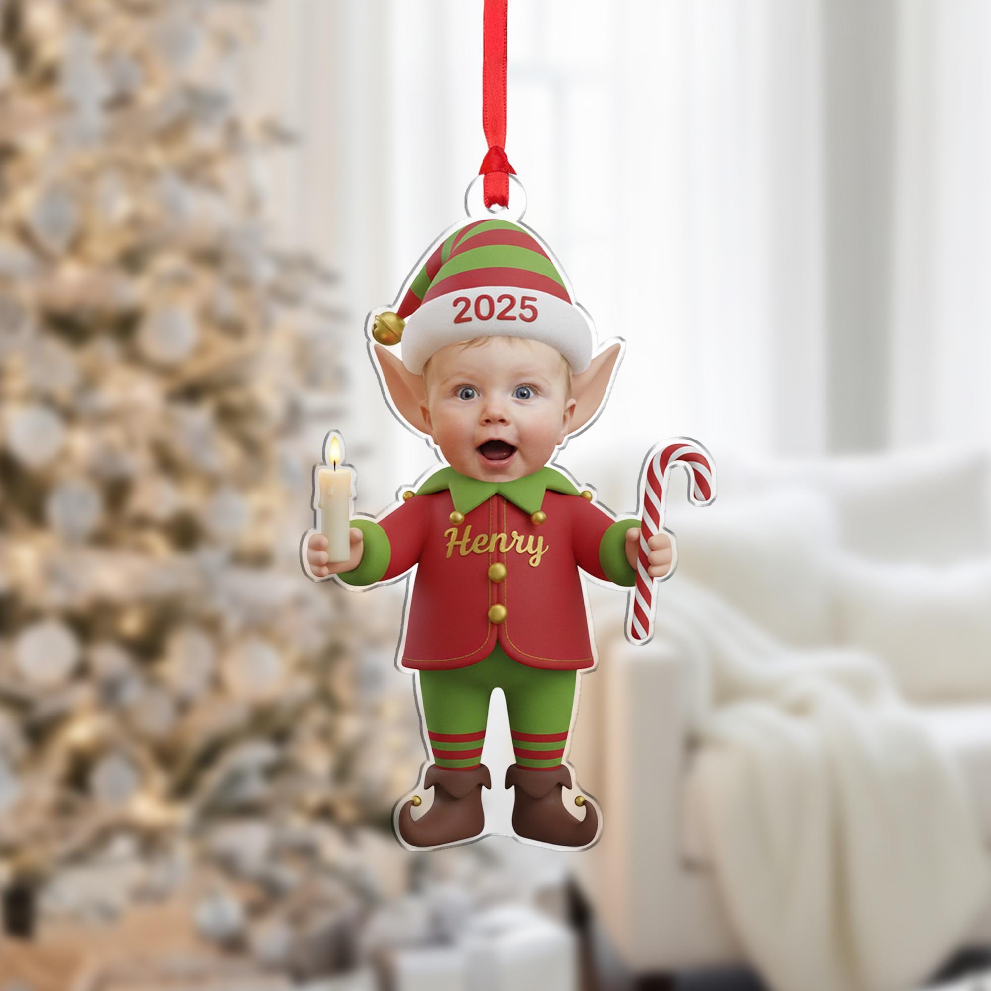 Personalized Elf Ornament with Custom Baby Photo, Name, and Year image 2