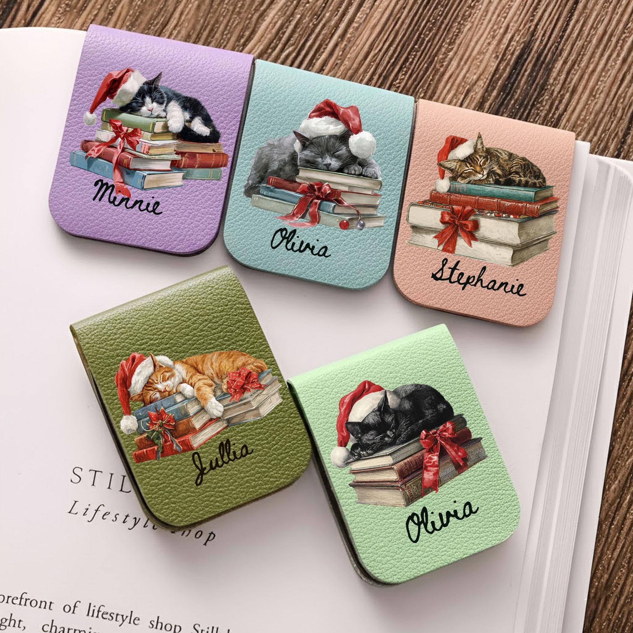 Custom Magnetic Leather Bookmark: Page Clip Sleeping Cat Christmas image 1
