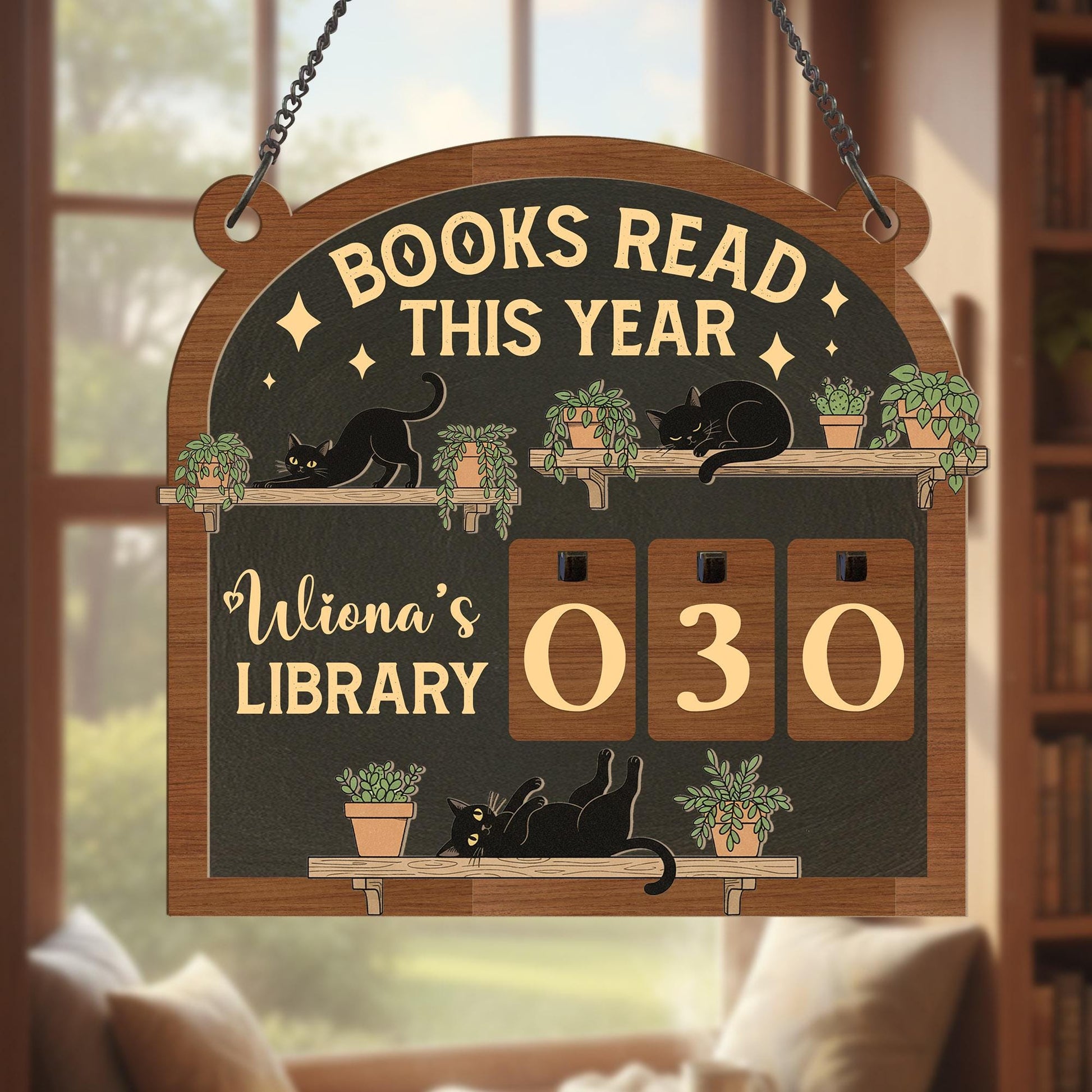 Wooden Reading Counter Sign: Personalized Books Read Tracker Black Cat With Plants Library image 2