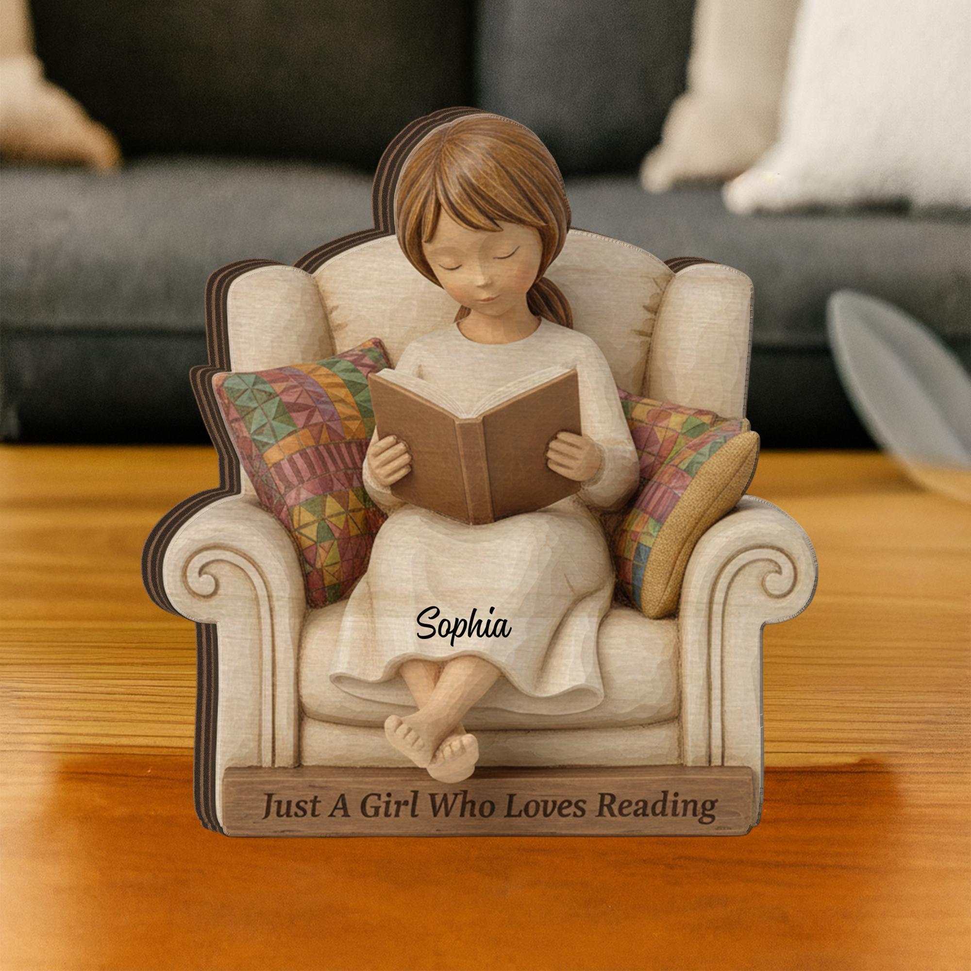 Custom Reading Girl Wooden Block: Personalized Book Lover Shelf Decor image 1