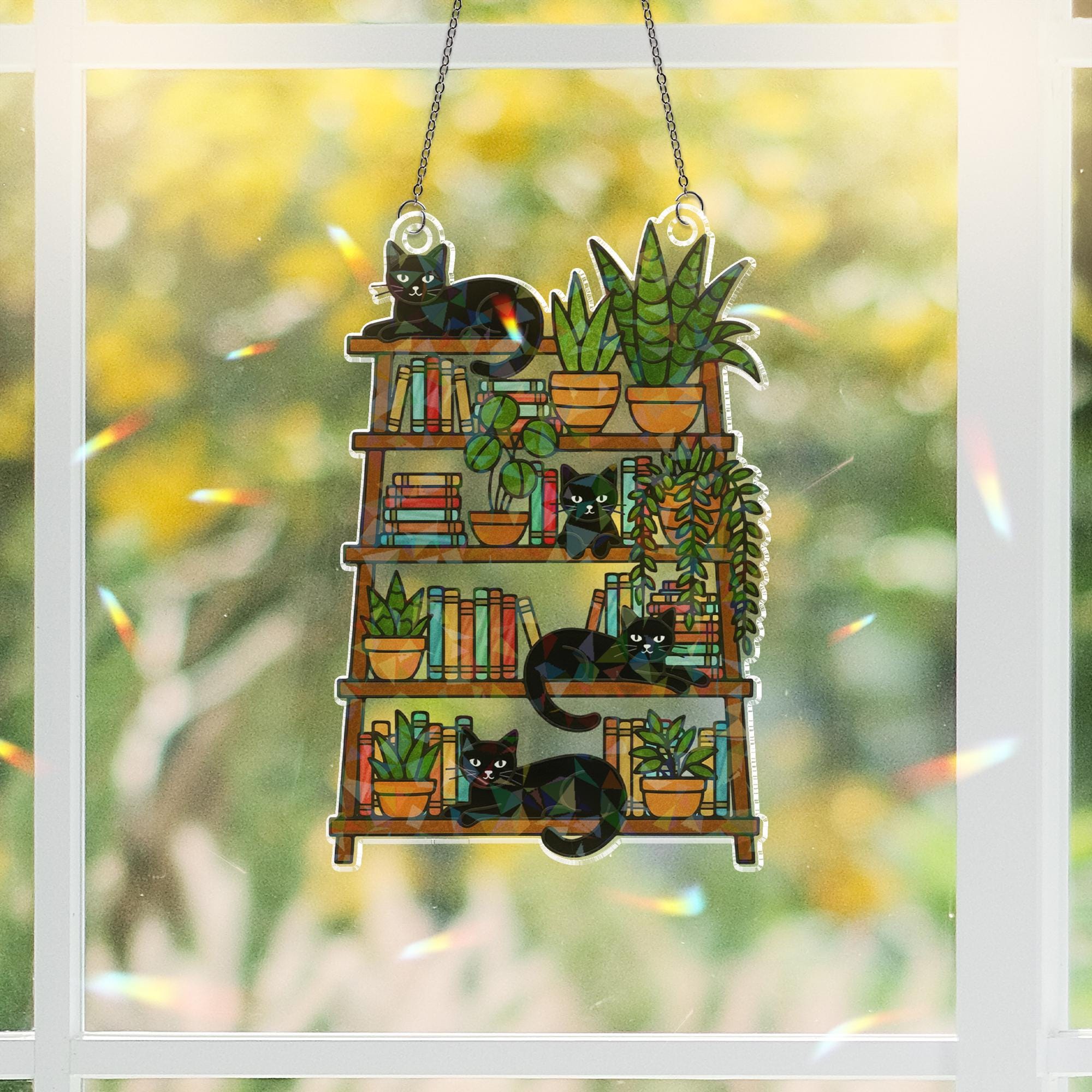 Custom Cat Plant Books Holographic Acrylic Suncatcher – Printed Shelf Window Decor image 2