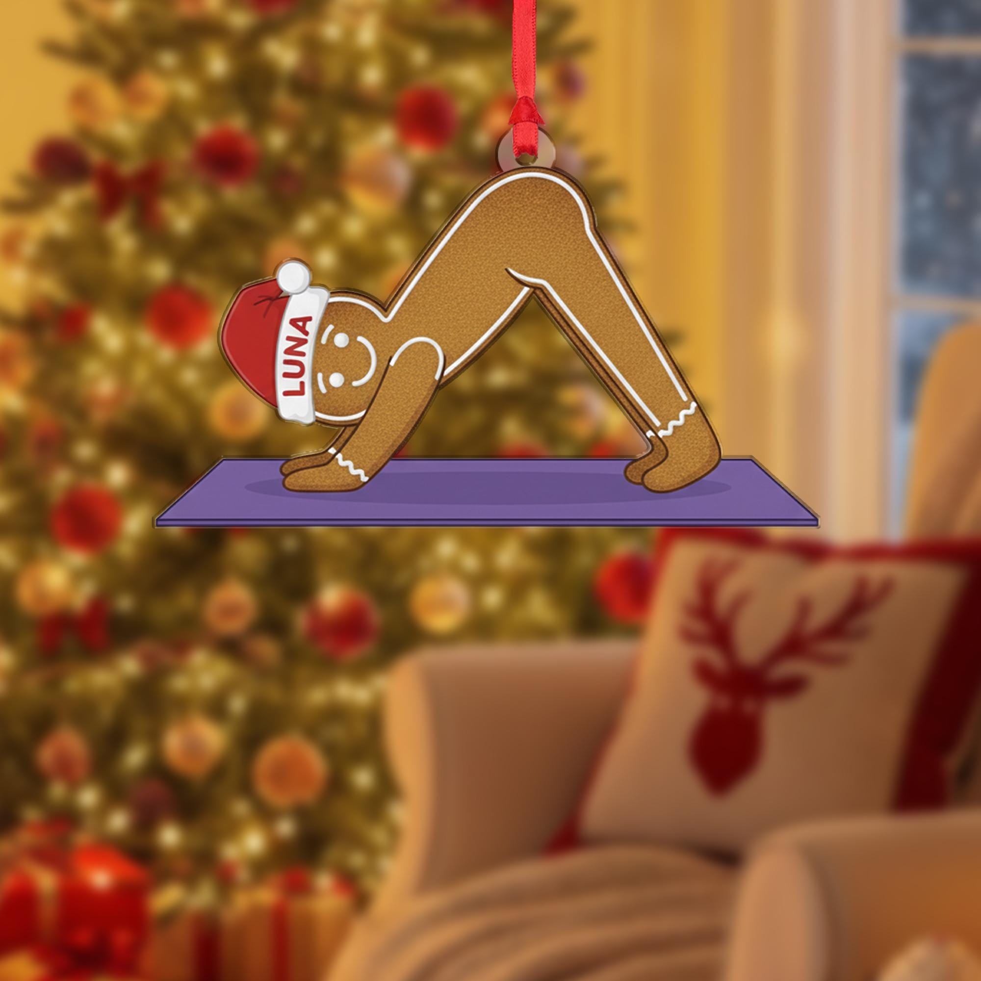 Personalized Gingerbread Ornament, Custom Name Yoga Pose Design, Holiday Exercise Decoration image 2
