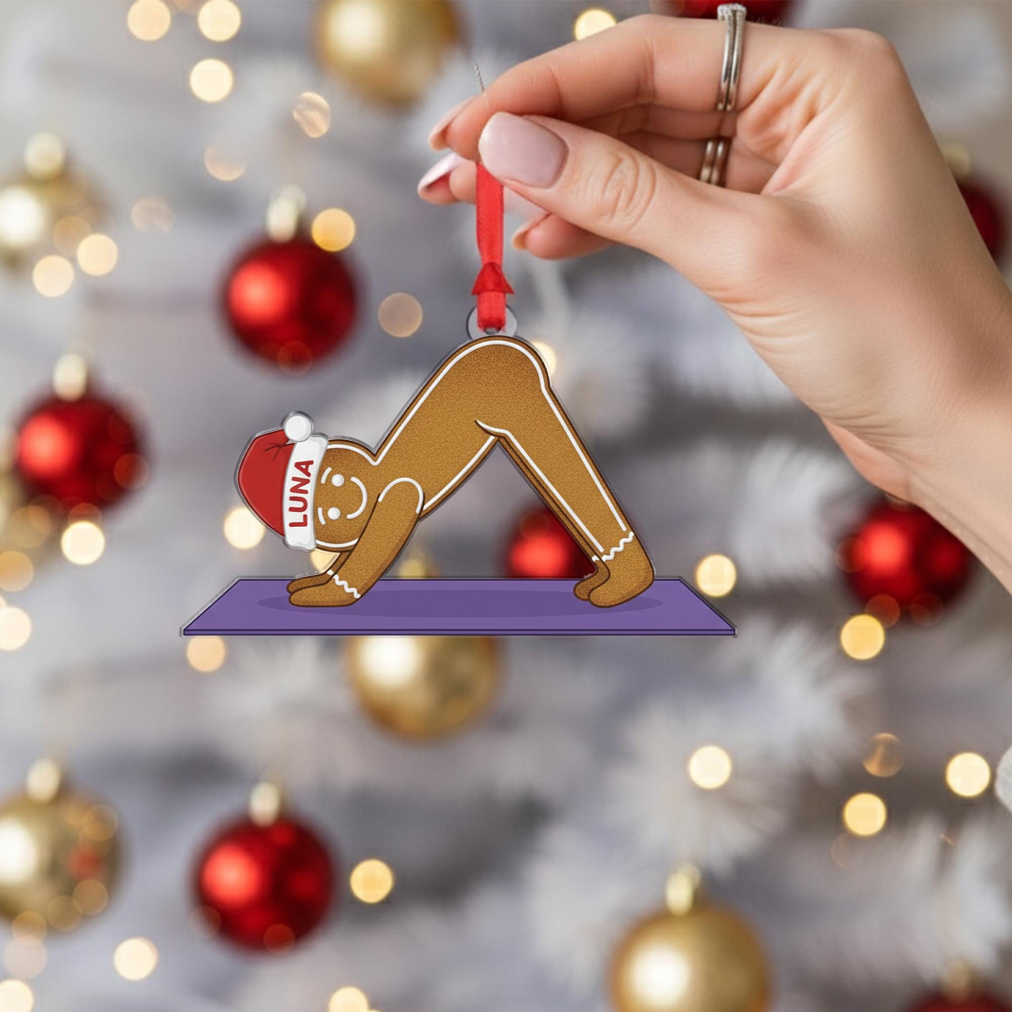 Personalized Gingerbread Ornament, Custom Name Yoga Pose Design, Holiday Exercise Decoration image 1