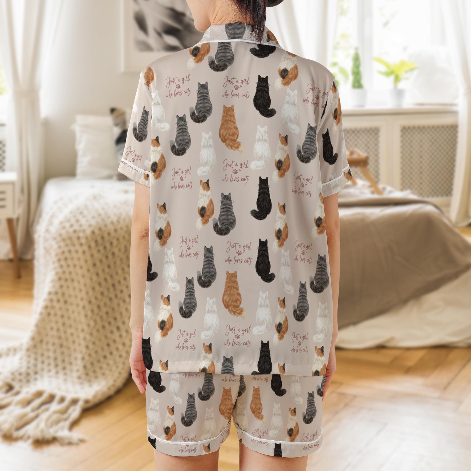 Satin Pajama Set, Short Sleeve Sleepwear, Cat Pattern Lounge Shorts Outfit image 2