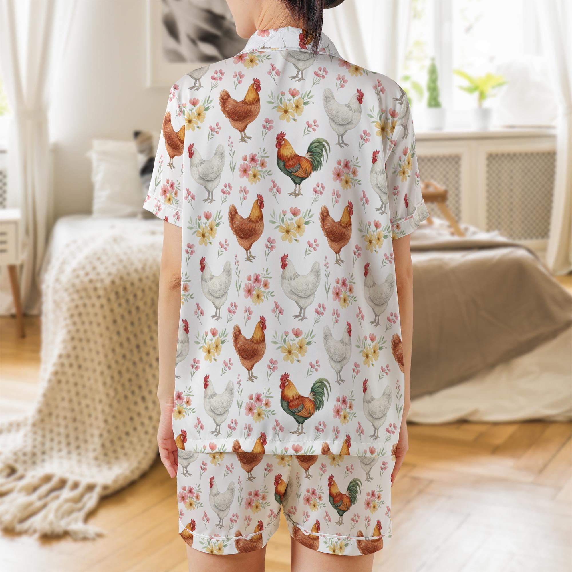 Satin Pajama Set, Short Sleeve Sleepwear, Chicken Pattern Lounge Shorts Outfit image 2