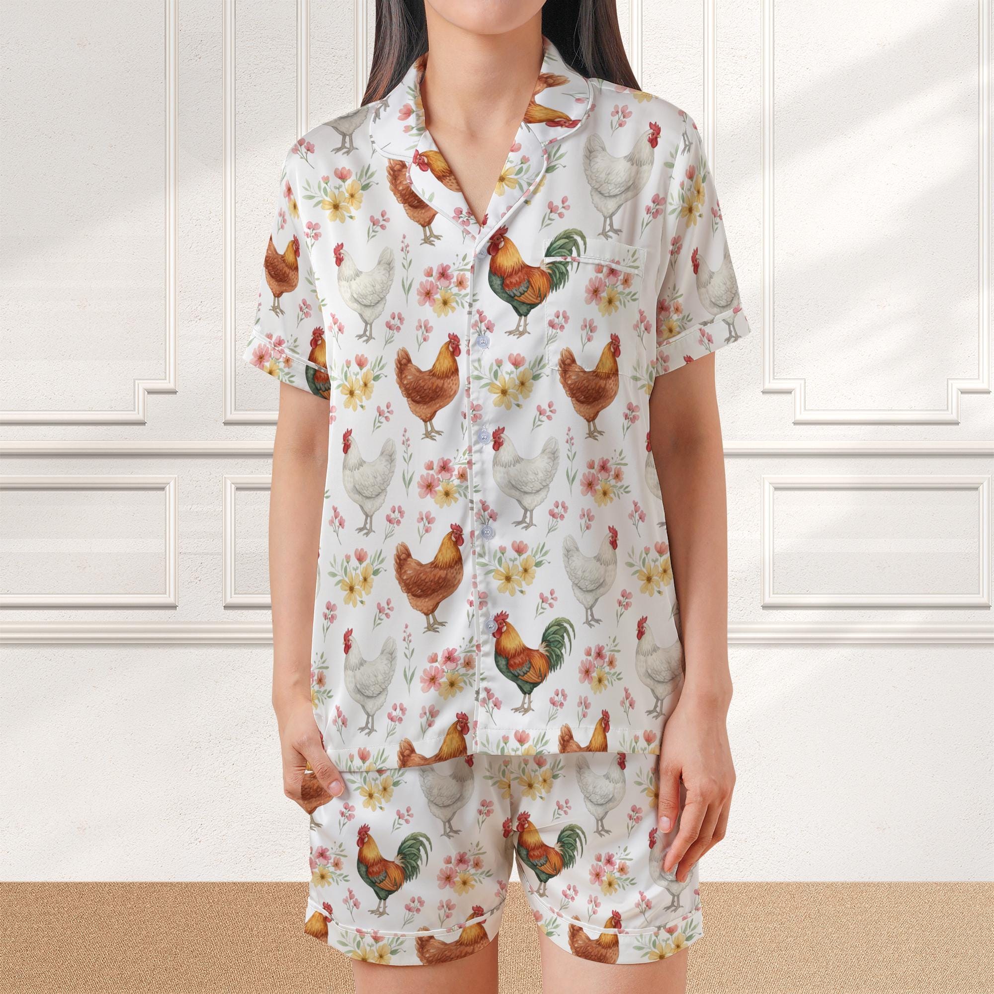 Satin Pajama Set, Short Sleeve Sleepwear, Chicken Pattern Lounge Shorts Outfit image 1