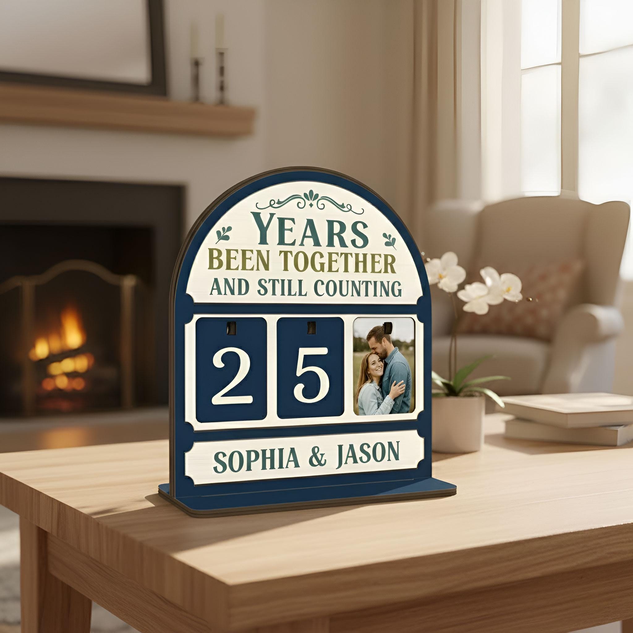 Personalized Wood Counter: Anniversary Years Display, Custom Photo Table Decor image 1