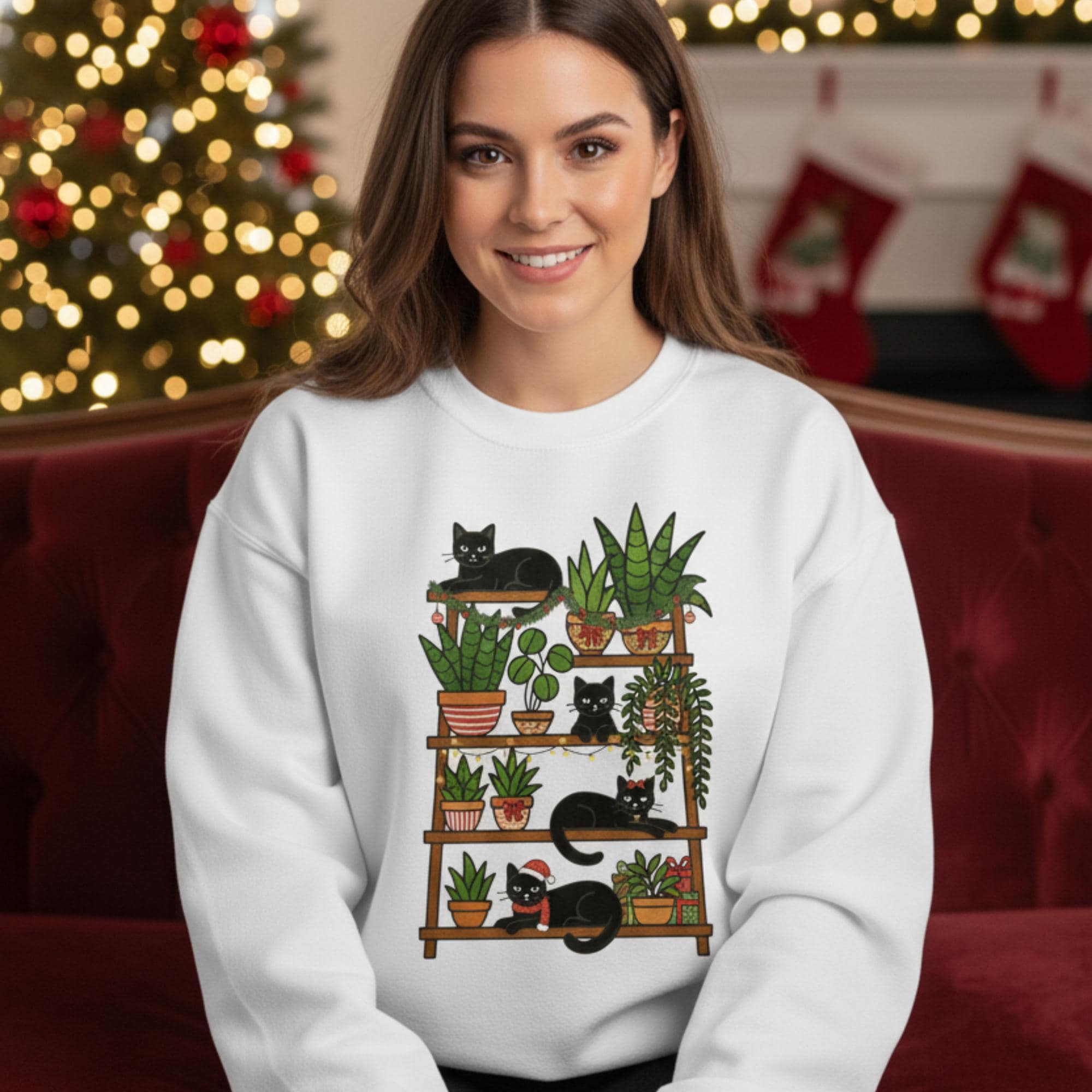Black Cat Houseplant Christmas Sweatshirt, Unisex Crewneck Hoodie image 3