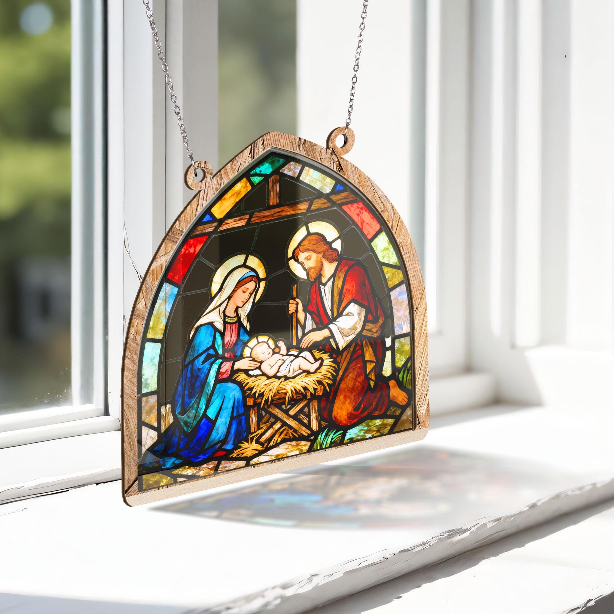 Wooden Ornament Suncatcher: Nativity Stained Glass Bookshelf Display Sign image 4