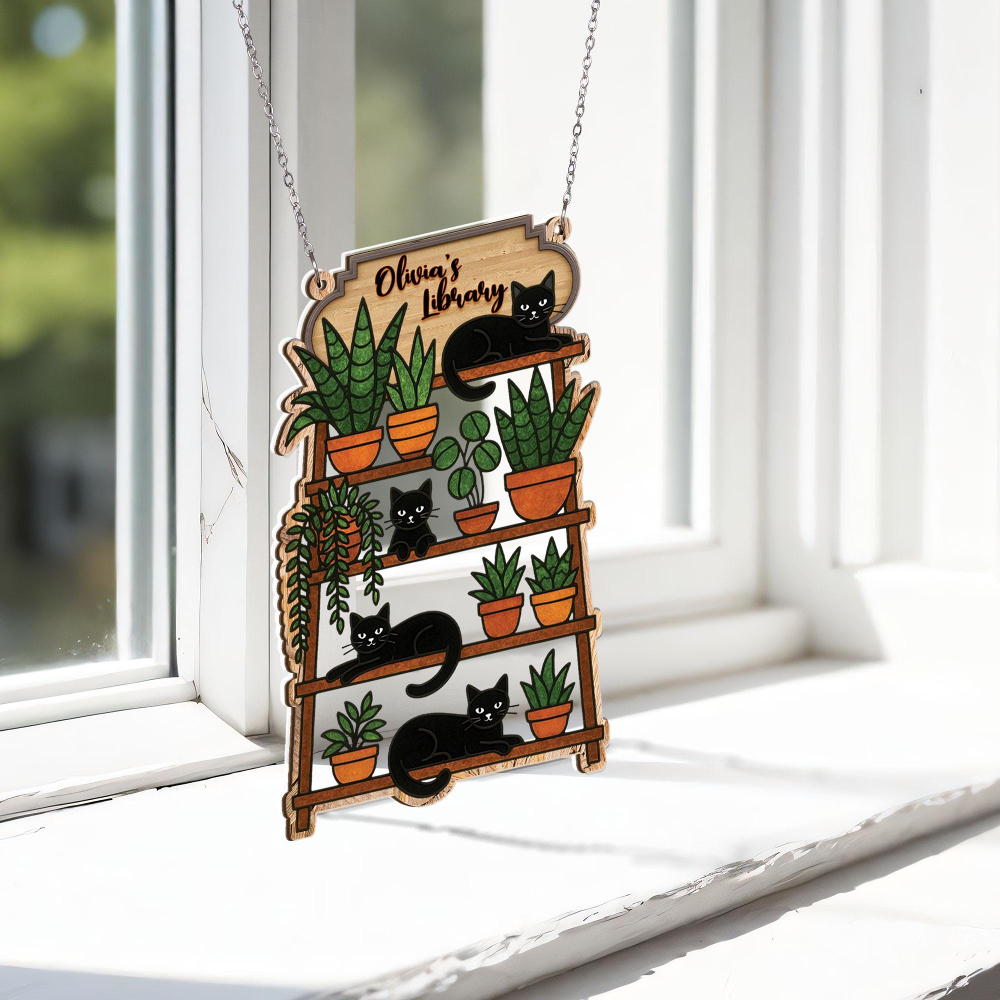 Custom Bookshelf Sign: Personalized Black Cat Plant Shelf Hanging Ornament image 4