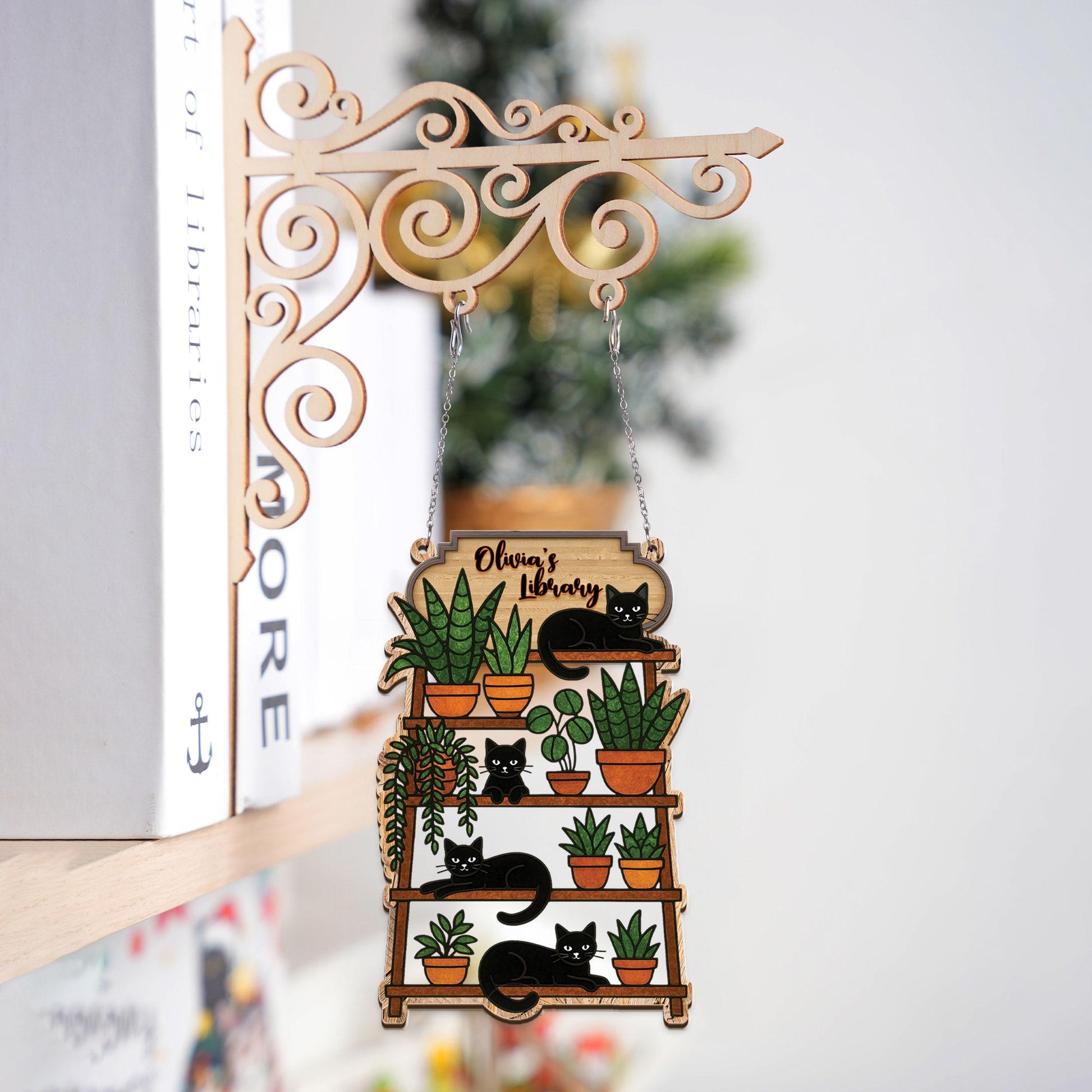 Custom Bookshelf Sign: Personalized Black Cat Plant Shelf Hanging Ornament image 2