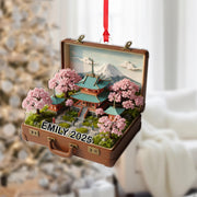 Japanese Suitcase Ornament: Personalized Travel Keepsake, Cherry Blossom Holiday Decor image 1