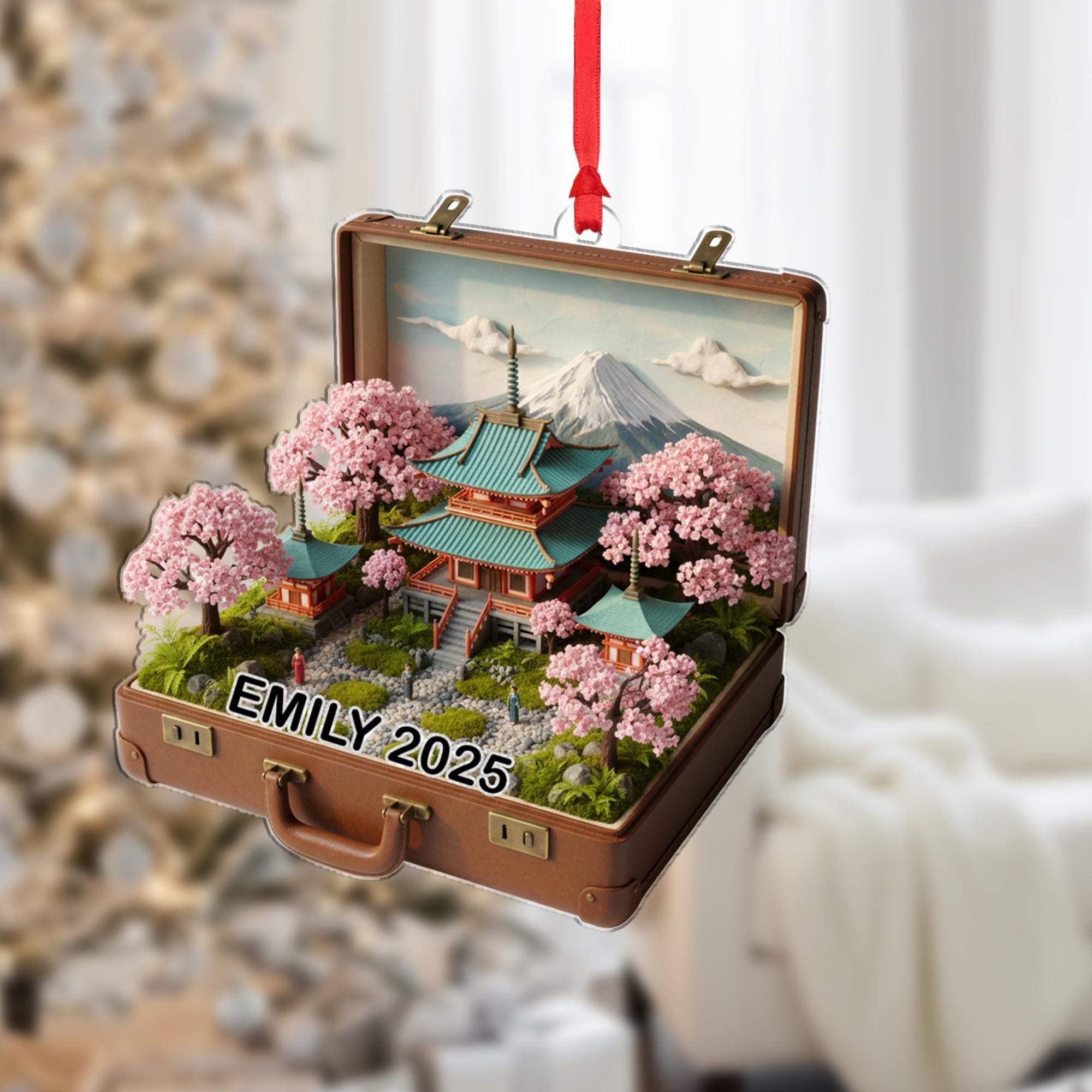 Japanese Suitcase Ornament: Personalized Travel Keepsake, Cherry Blossom Holiday Decor image 1