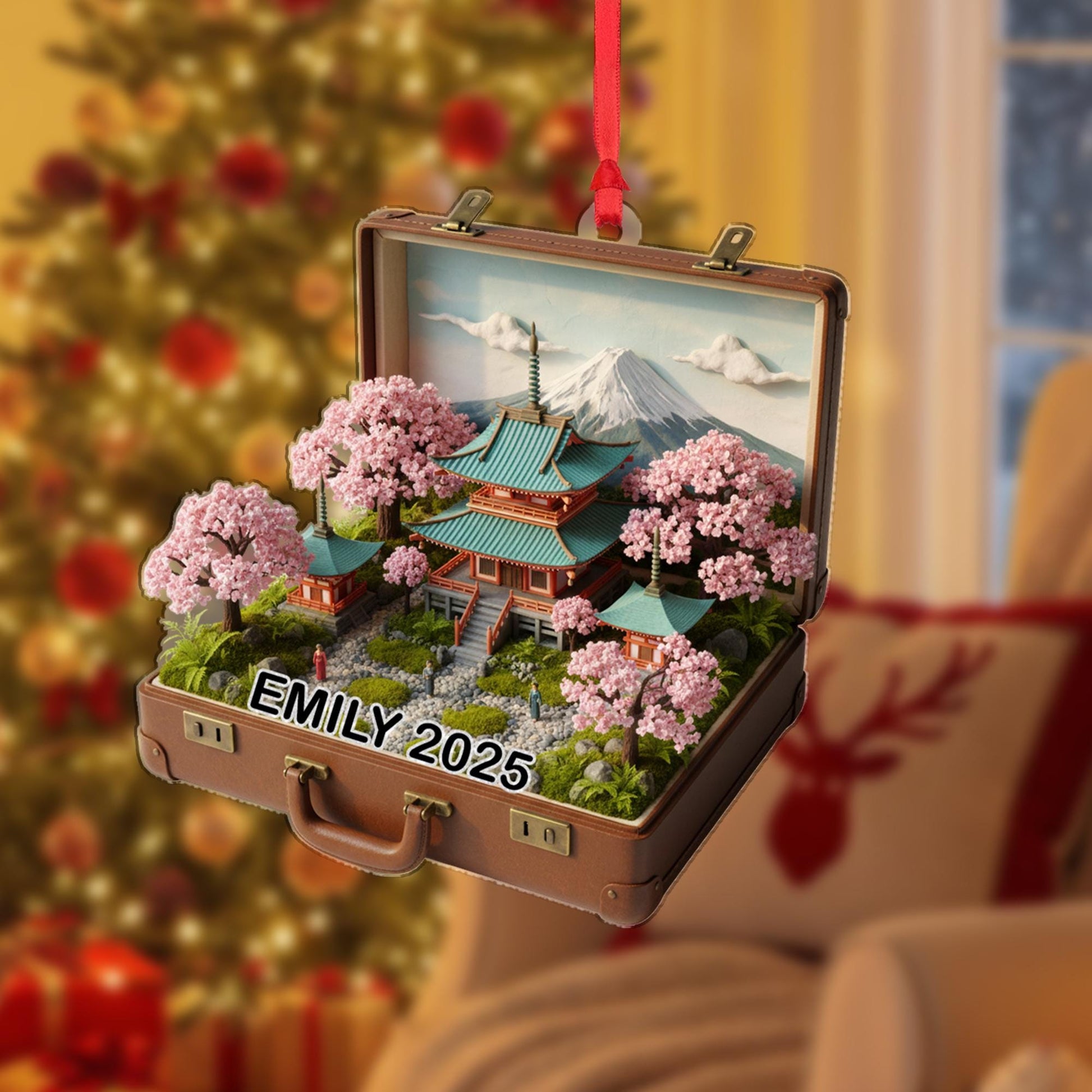 Japanese Suitcase Ornament: Personalized Travel Keepsake, Cherry Blossom Holiday Decor image 7