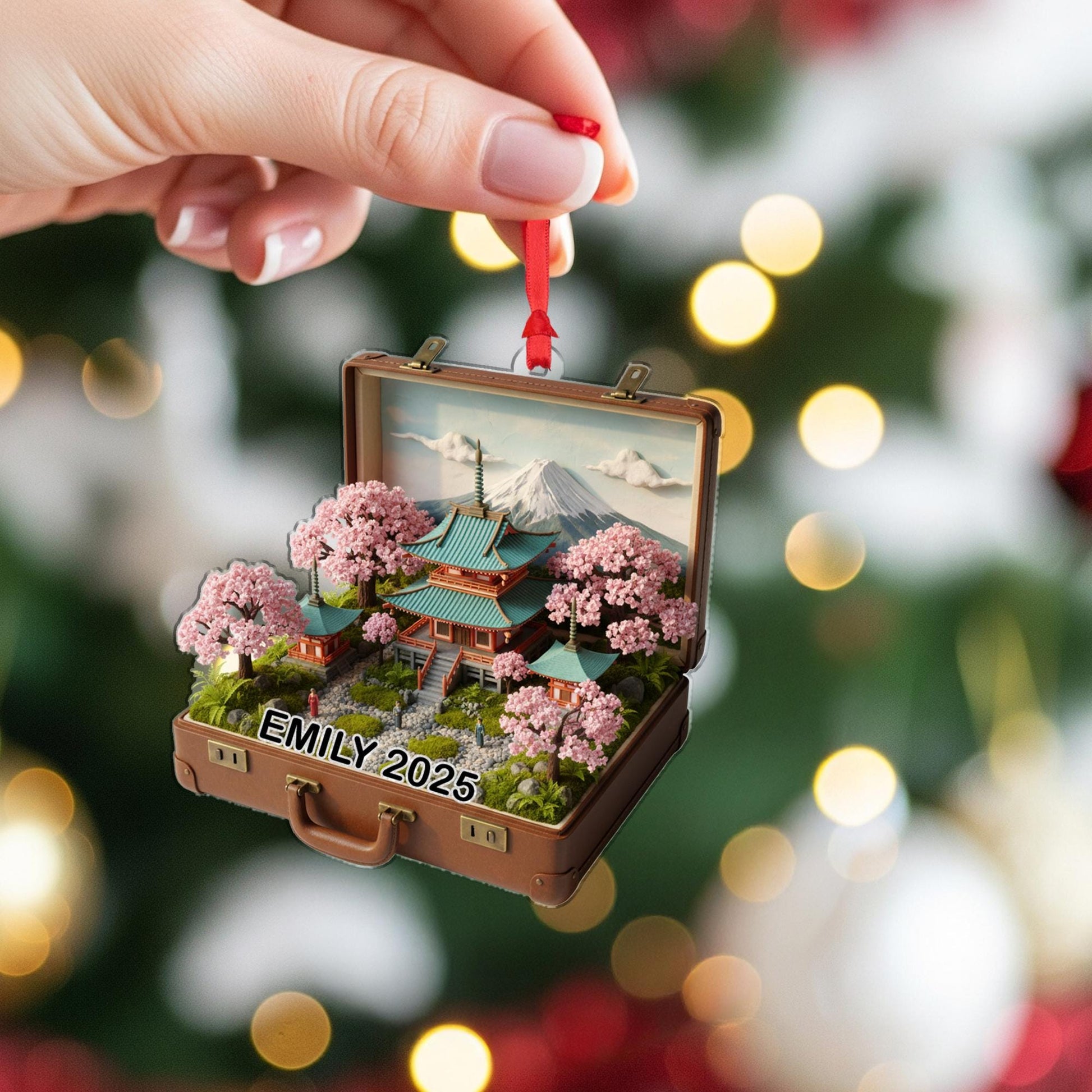 Japanese Suitcase Ornament: Personalized Travel Keepsake, Cherry Blossom Holiday Decor image 3