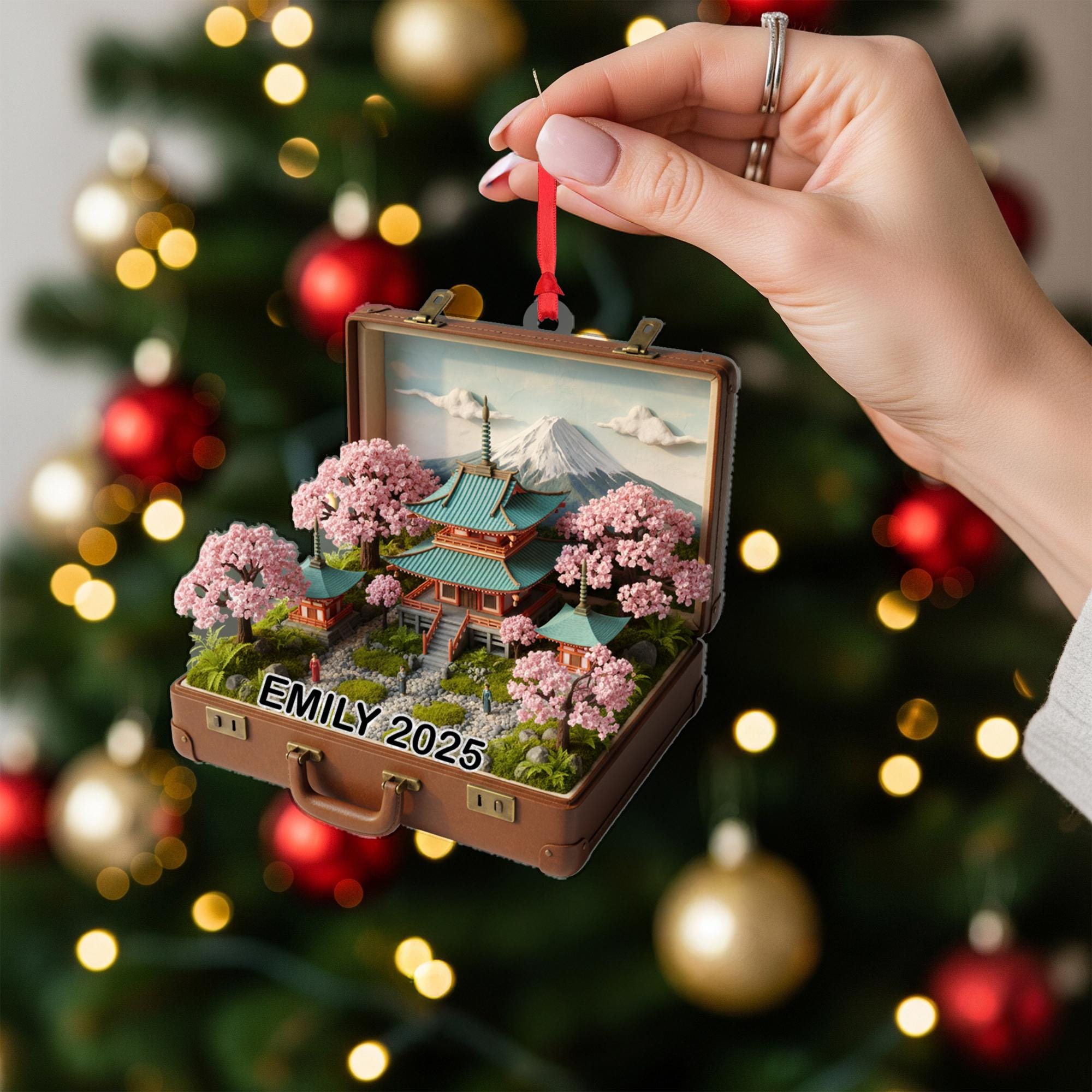 Japanese Suitcase Ornament: Personalized Travel Keepsake, Cherry Blossom Holiday Decor image 6