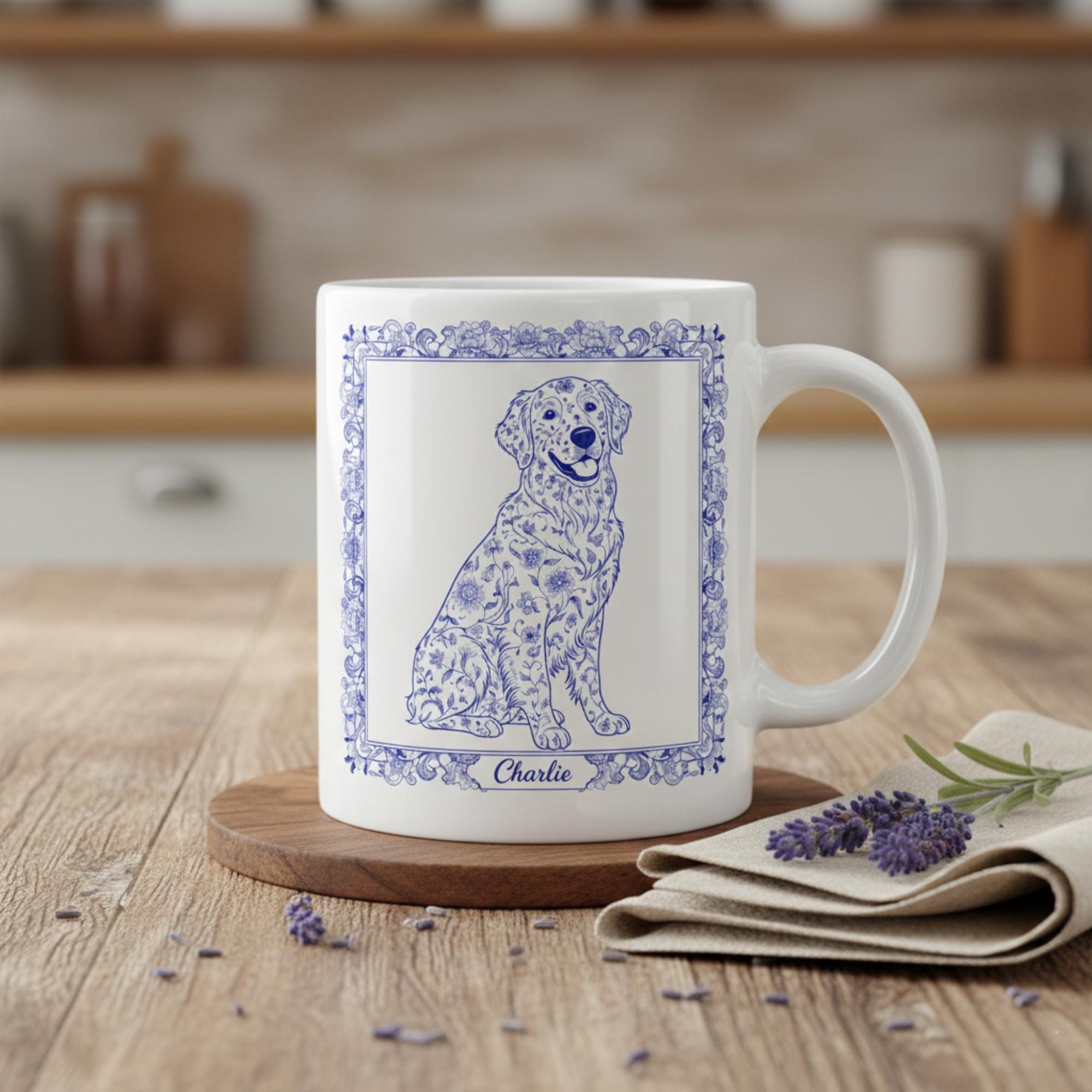 Custom Pet Chinoiserie Ceramic Mug: Personalized Dog or Cat Cup | Animal Illustration Drinkware image 1