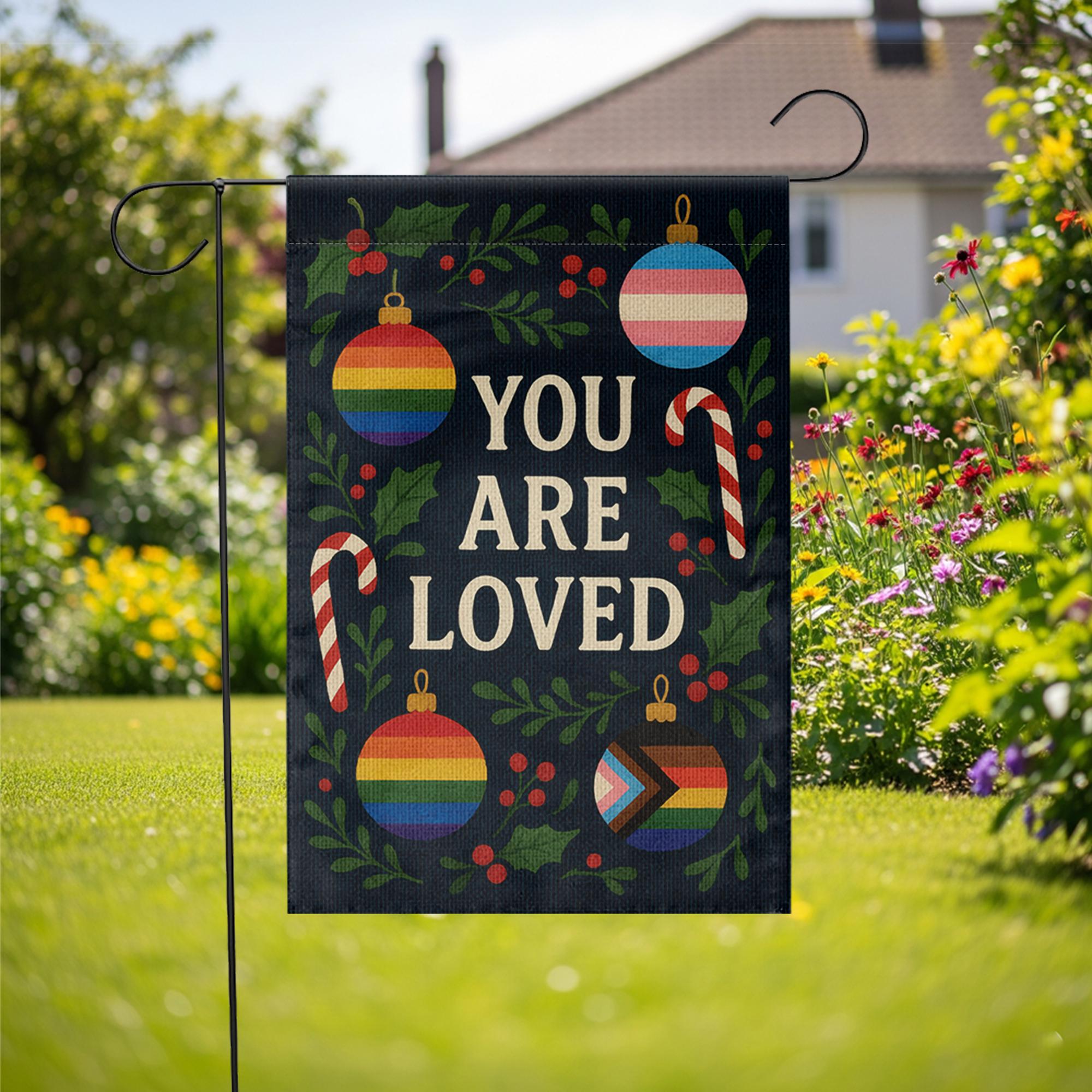 You Are Loved Garden Flag: LGBTQ Pride Holiday Decor, Rainbow Ornament Yard Banner image 2