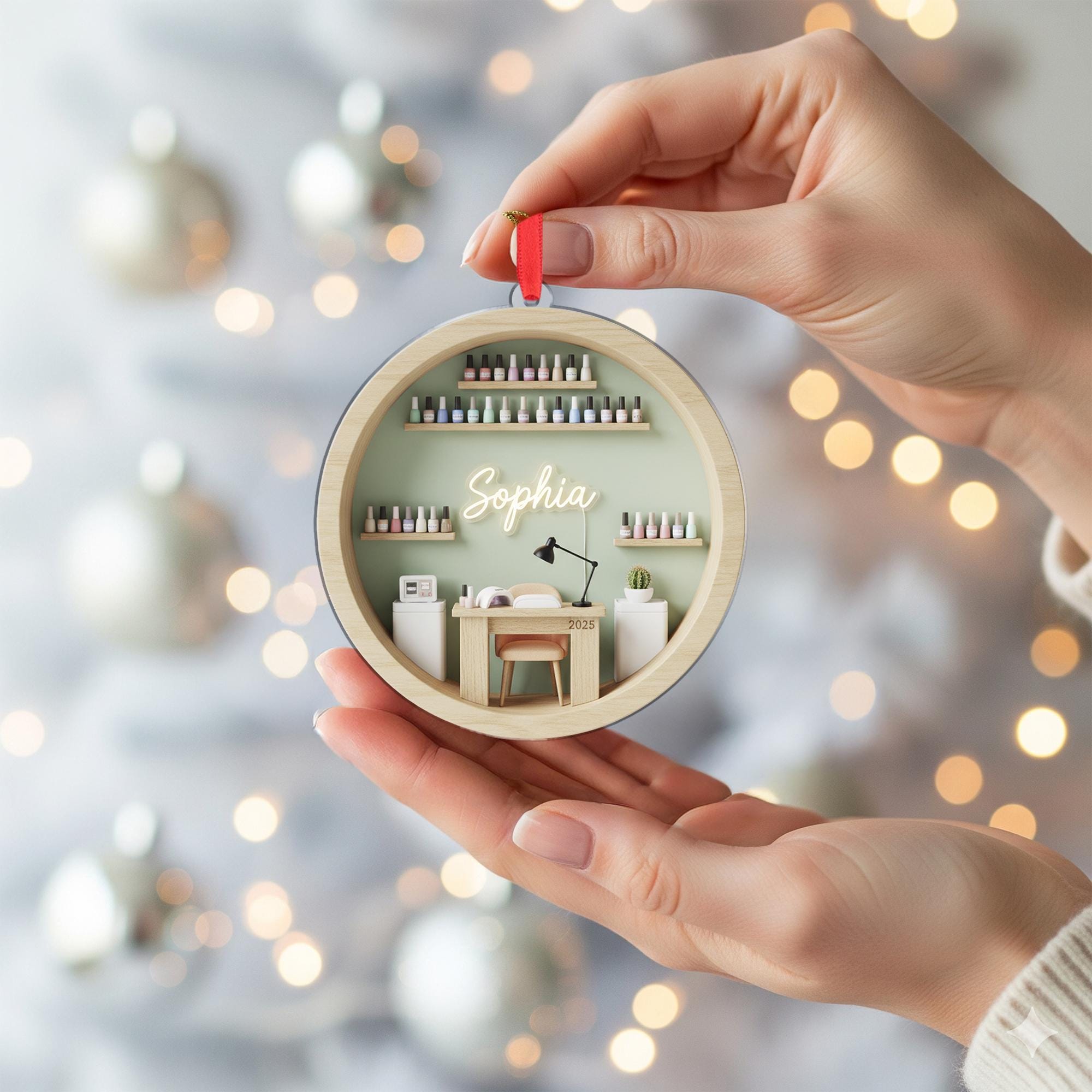 Personalized Nail Salon Ornament: Manicurist Tree Decoration, Beauty Workspace Keepsake image 2