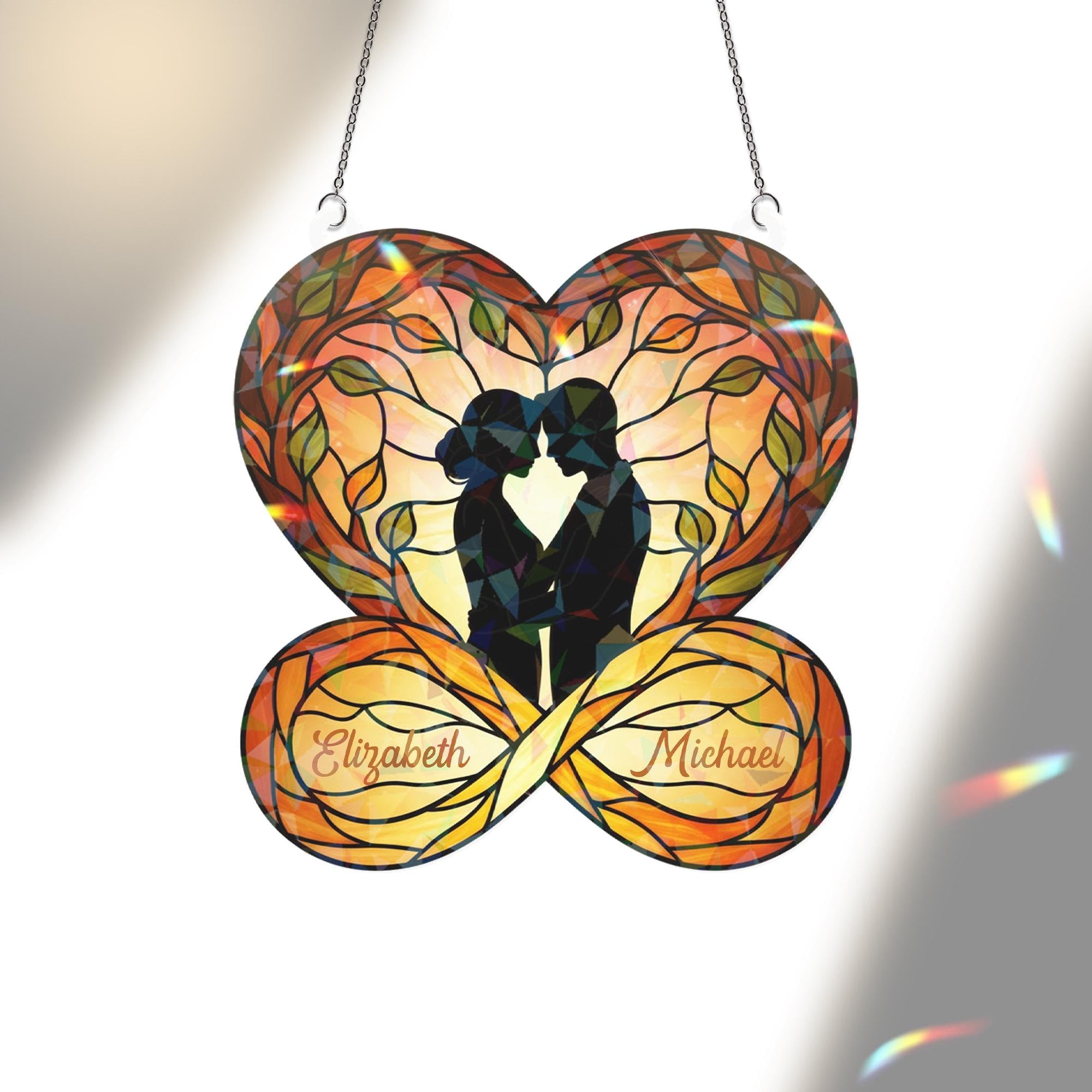Personalized Acrylic Suncatcher: Heart Silhouette, Holographic Leaf Design image 4