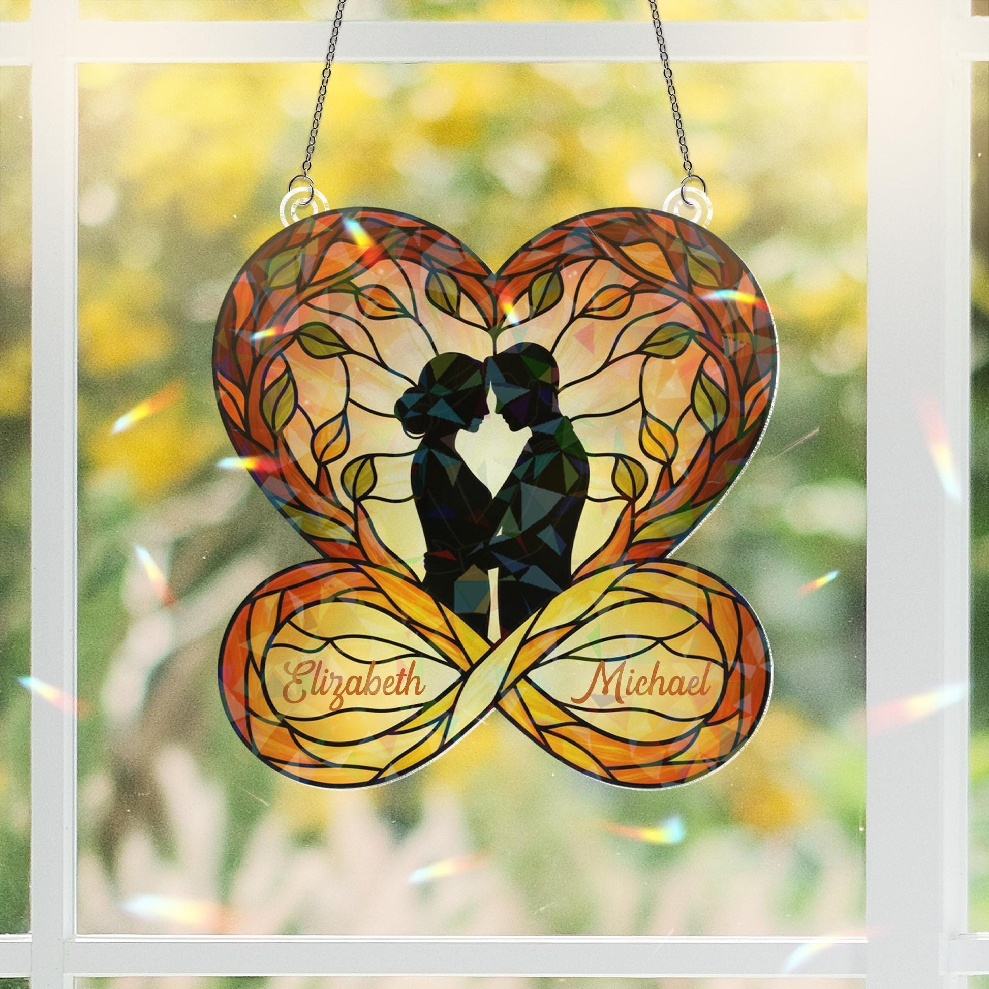 Personalized Acrylic Suncatcher: Heart Silhouette, Holographic Leaf Design image 3