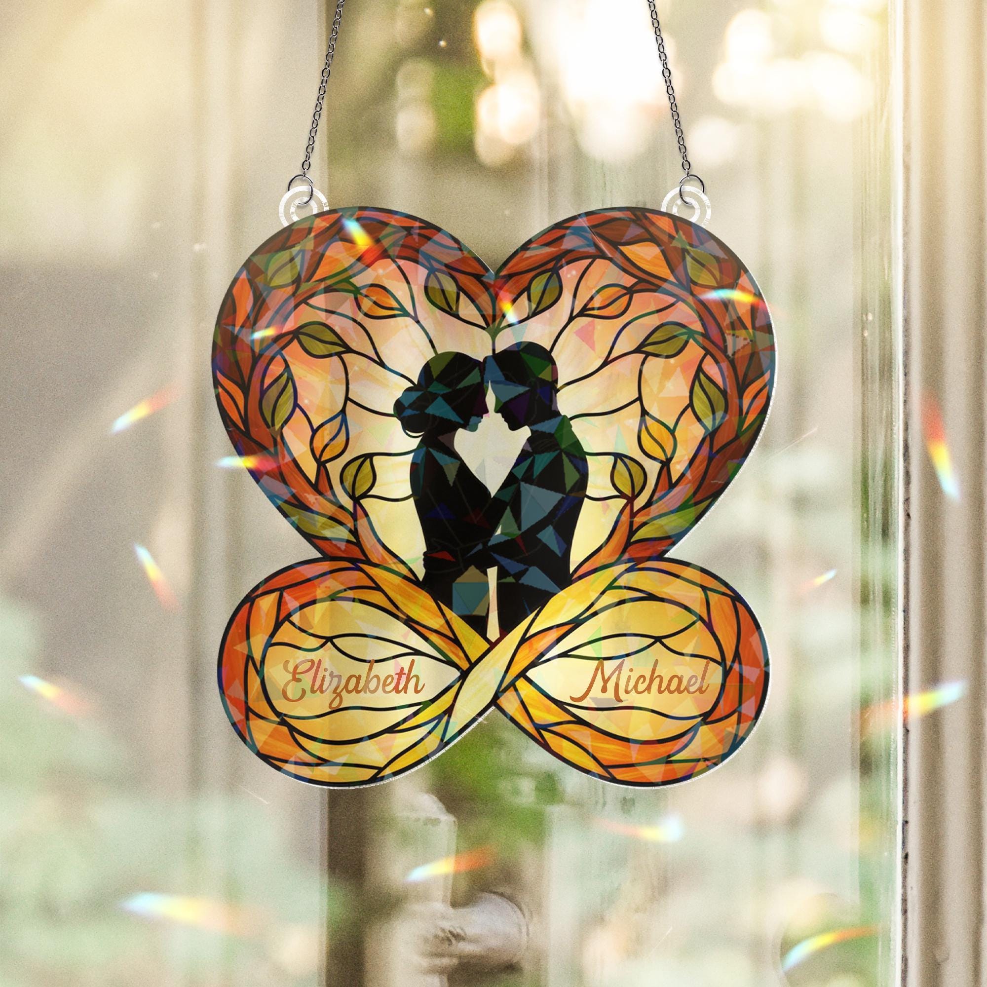 Personalized Acrylic Suncatcher: Heart Silhouette, Holographic Leaf Design image 1