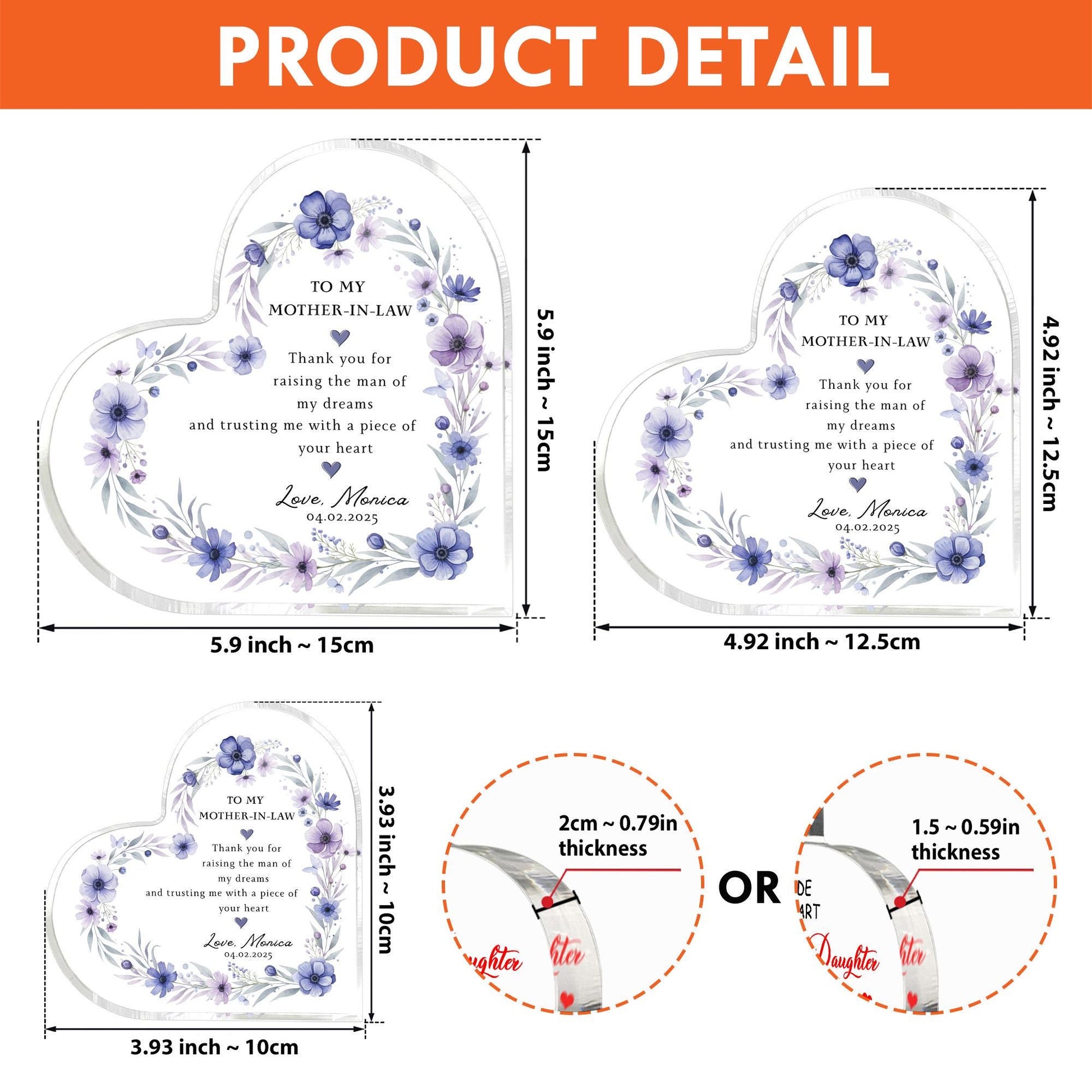 Personalized Heart Acrylic Block, Floral Mother-in-Law Message Plaque, Custom Name Date image 4