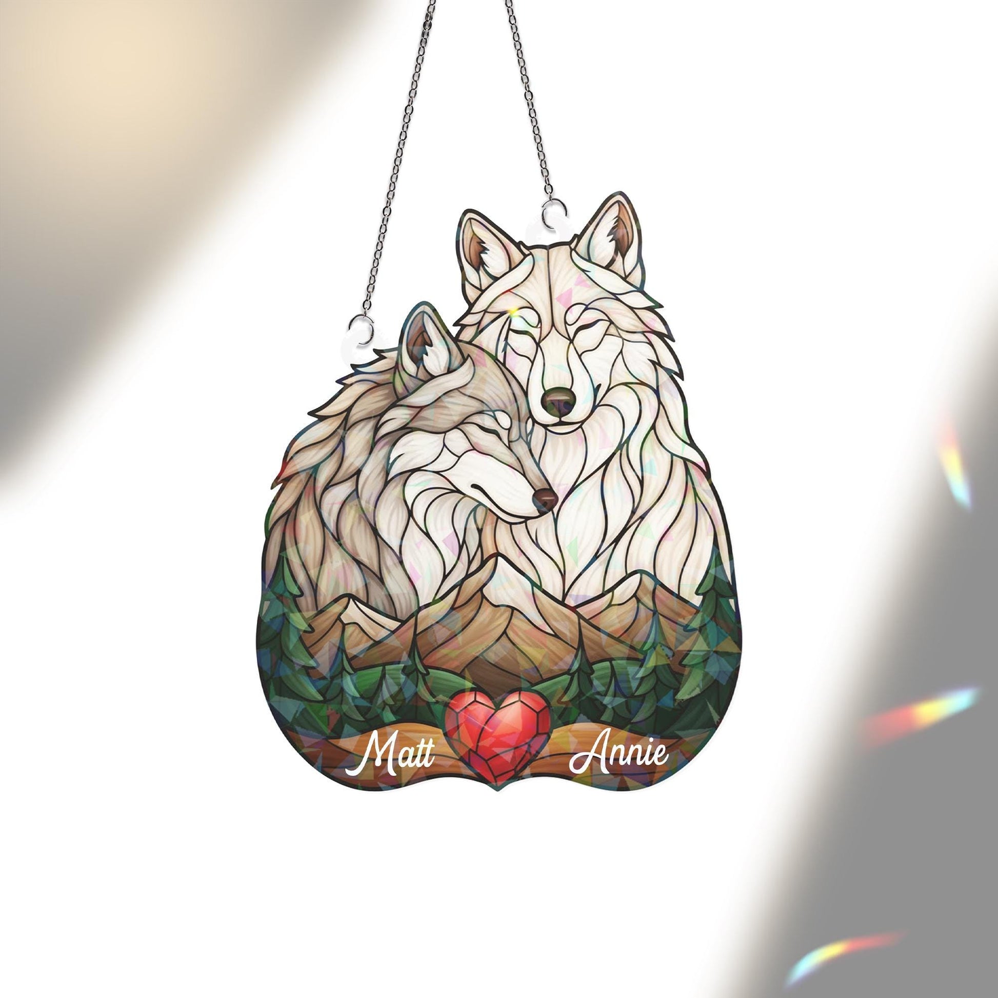 Personalized Acrylic Suncatcher: Wolf Pair Forest Scene with Heart image 4