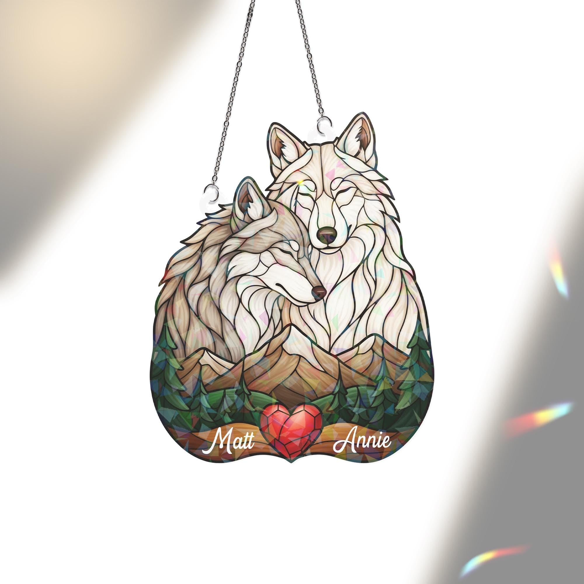 Personalized Acrylic Suncatcher: Wolf Pair Forest Scene with Heart image 4