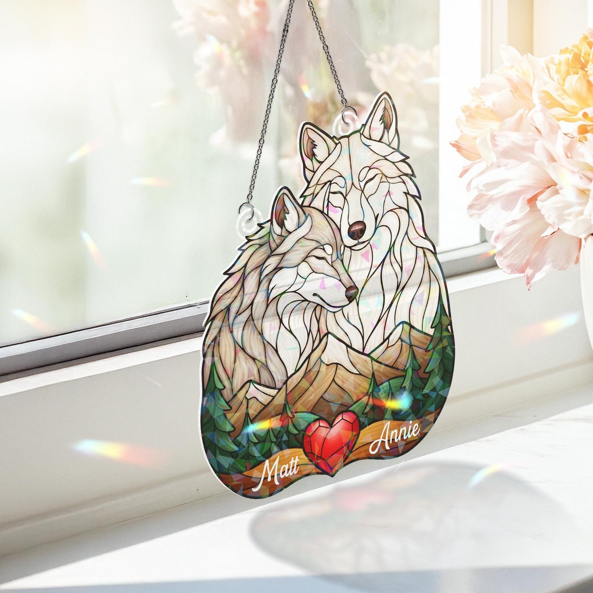 Personalized Acrylic Suncatcher: Wolf Pair Forest Scene with Heart image 2