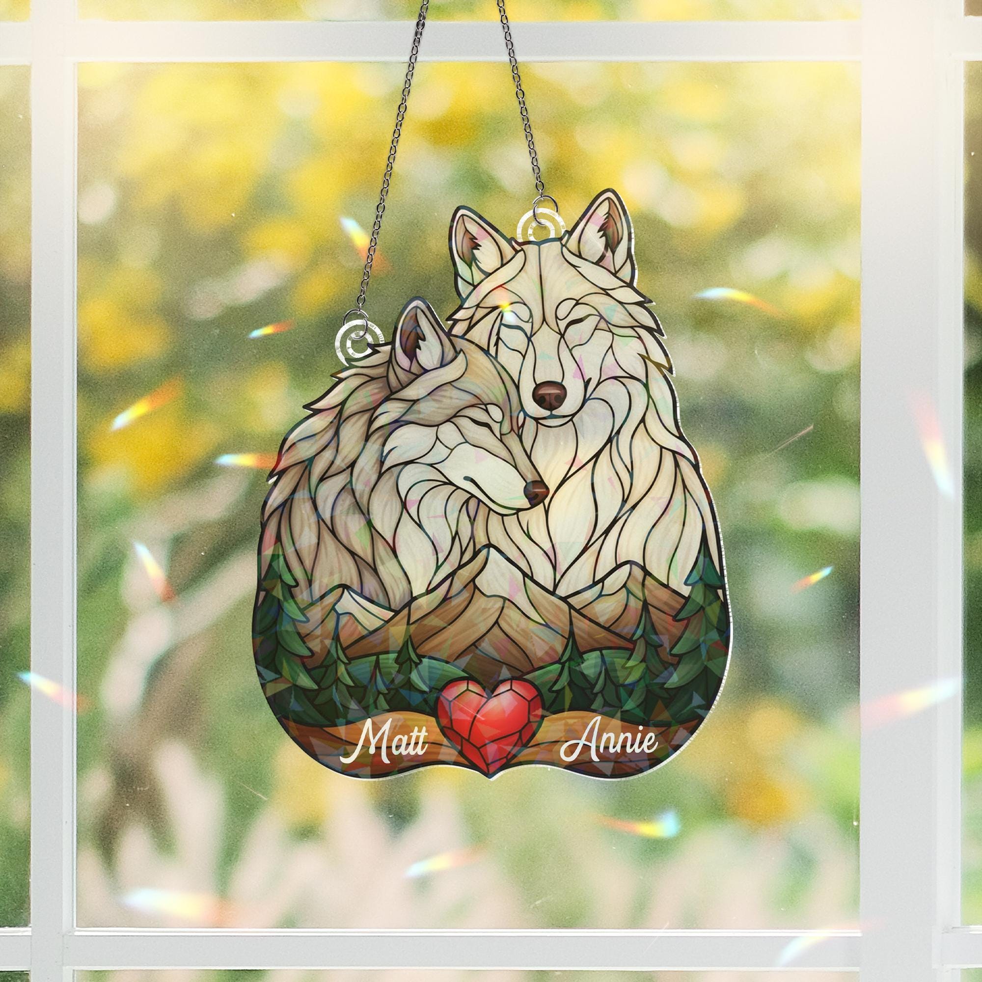 Personalized Acrylic Suncatcher: Wolf Pair Forest Scene with Heart image 3