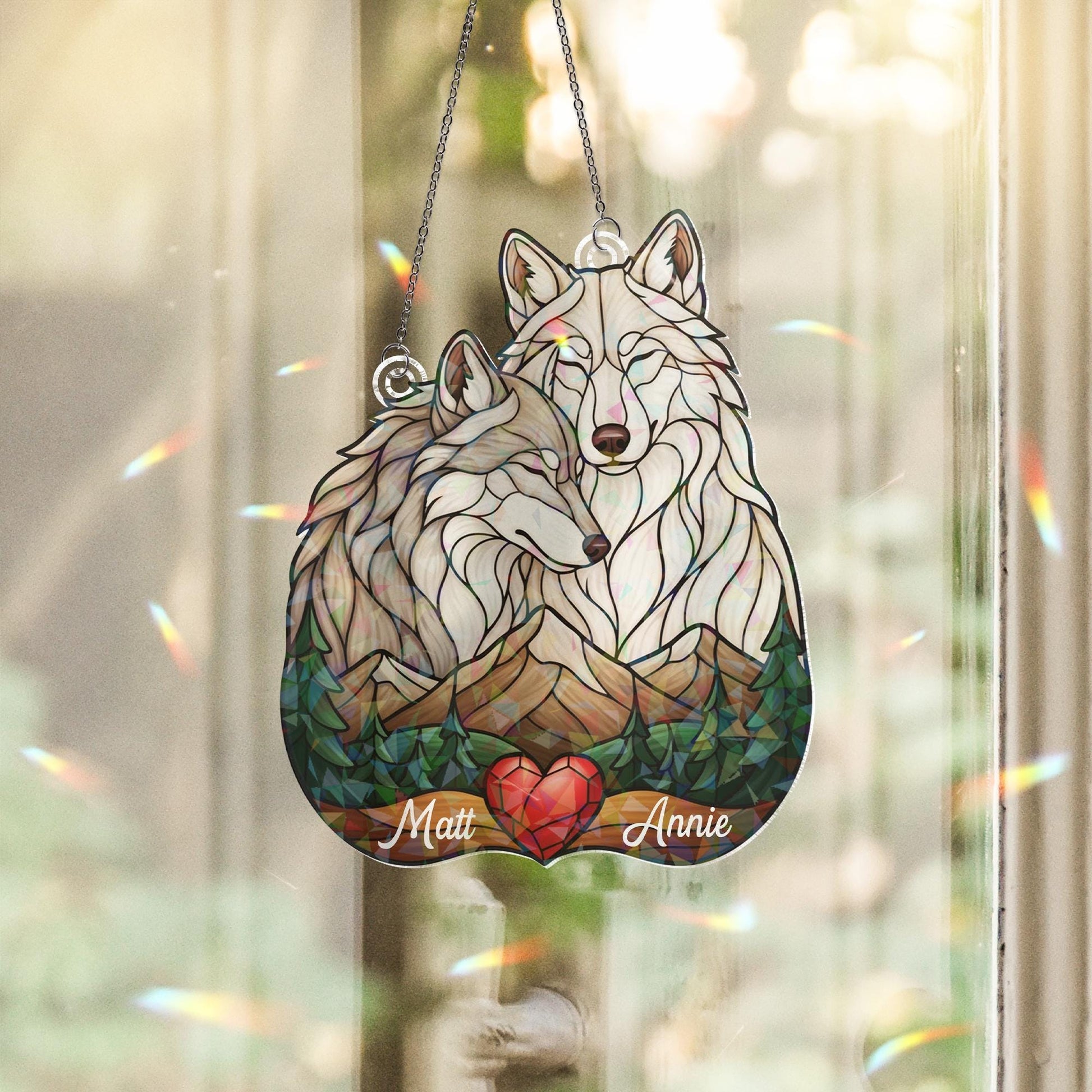 Personalized Acrylic Suncatcher: Wolf Pair Forest Scene with Heart image 1