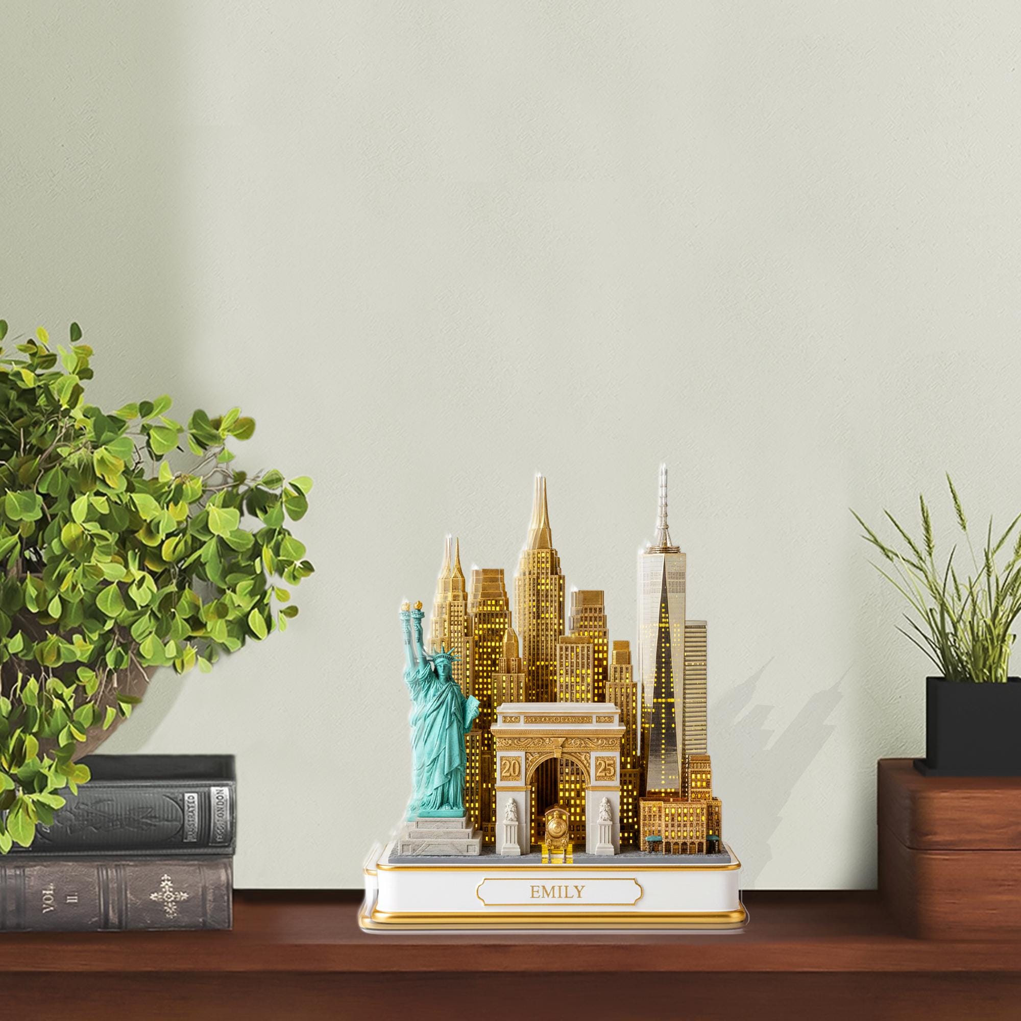 New York Skyline Acrylic Block, Personalized Name Base, Statue of Liberty Cityscape Decor image 1