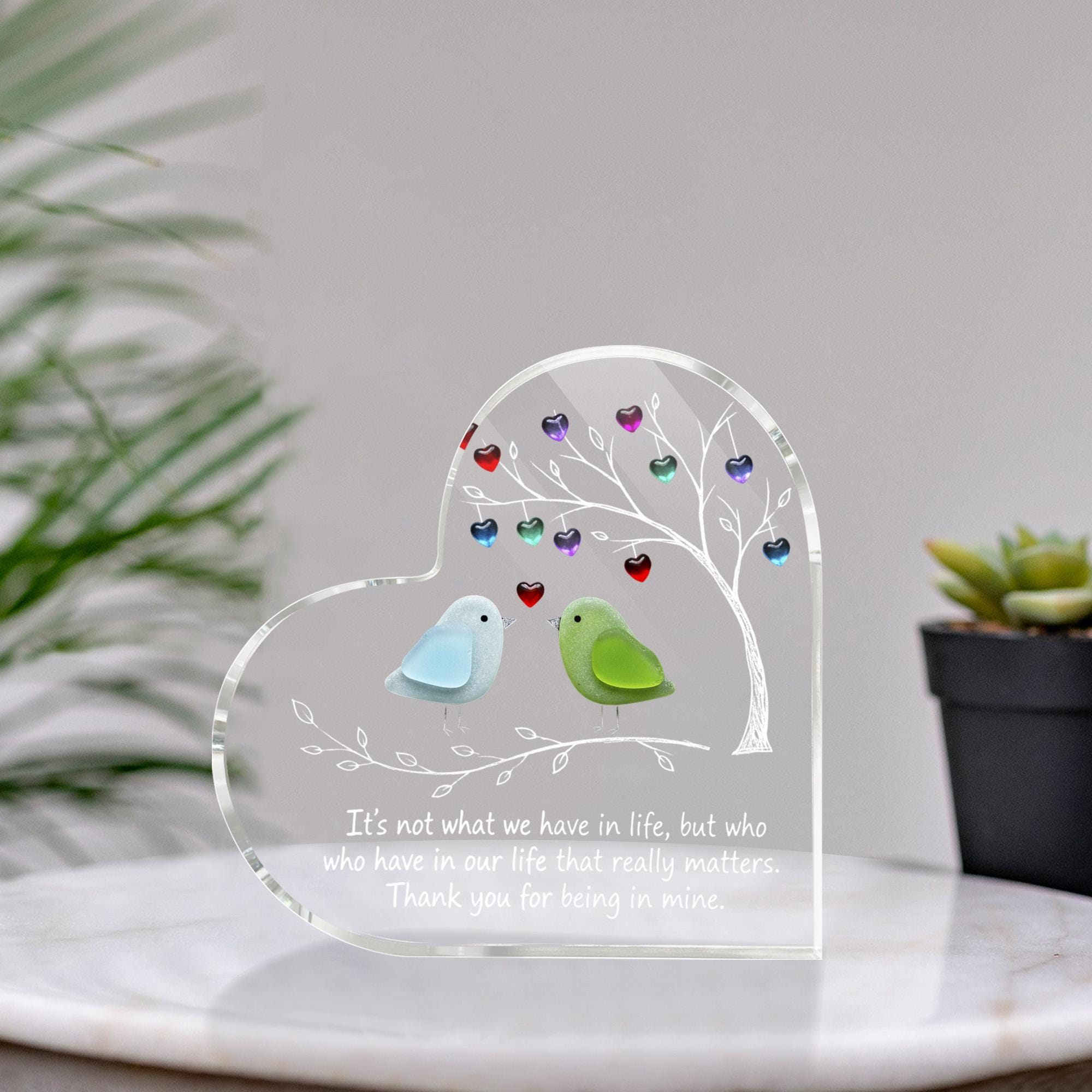 Personalized Heart Acrylic Block, Clear Bird Tree Plaque, Thank You Gift image 1