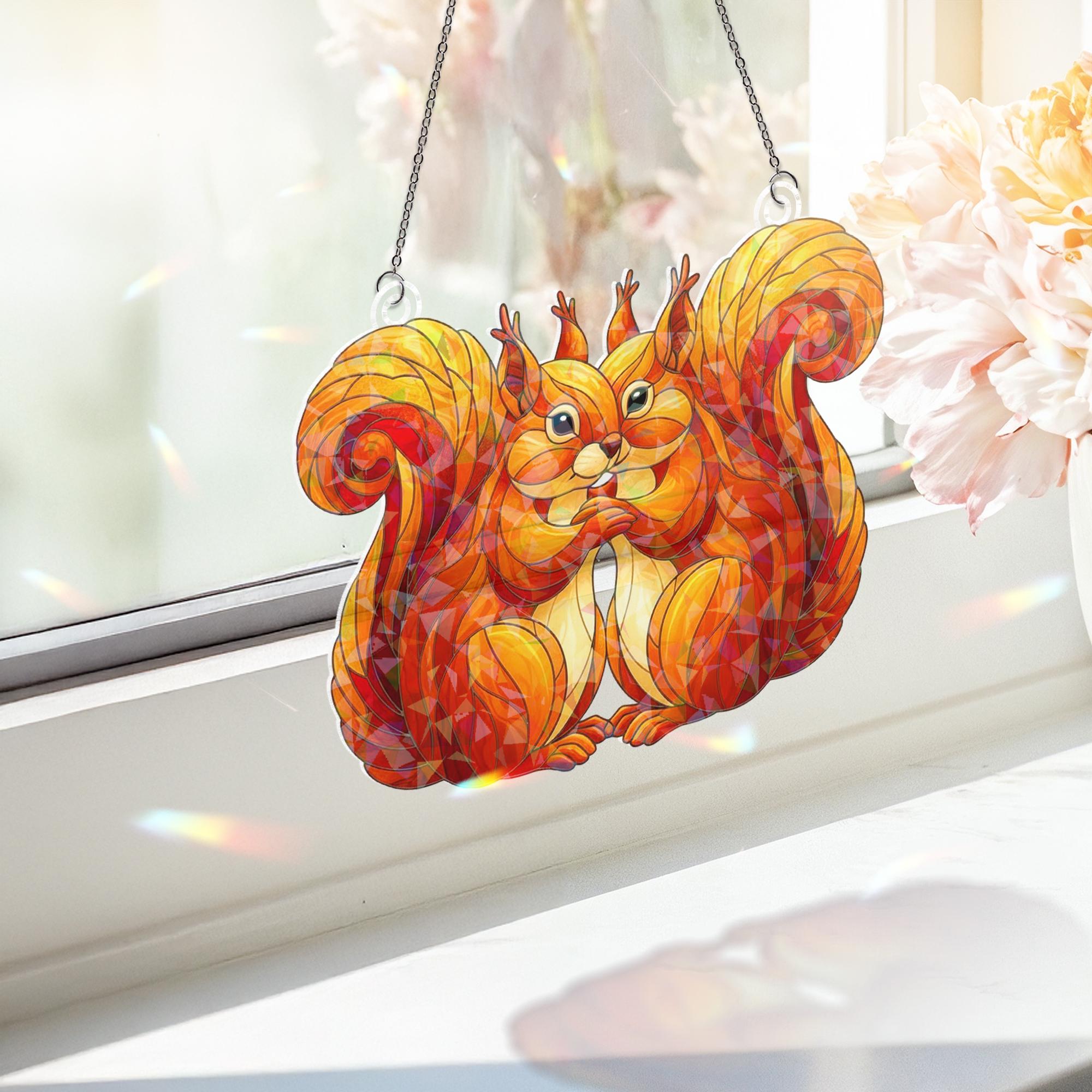 Holographic Acrylic Suncatcher: Squirrel Pair Heart Shape Faux Stained Glass image 2
